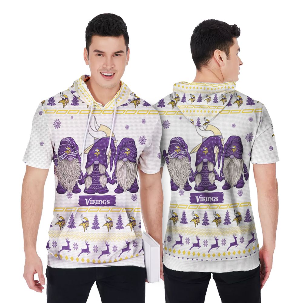 Minnesota Vikings Purple Gnomies Christmas Deer Patterns 3D Printed Gift For Vikings Fan Short Sleeve Hoodie