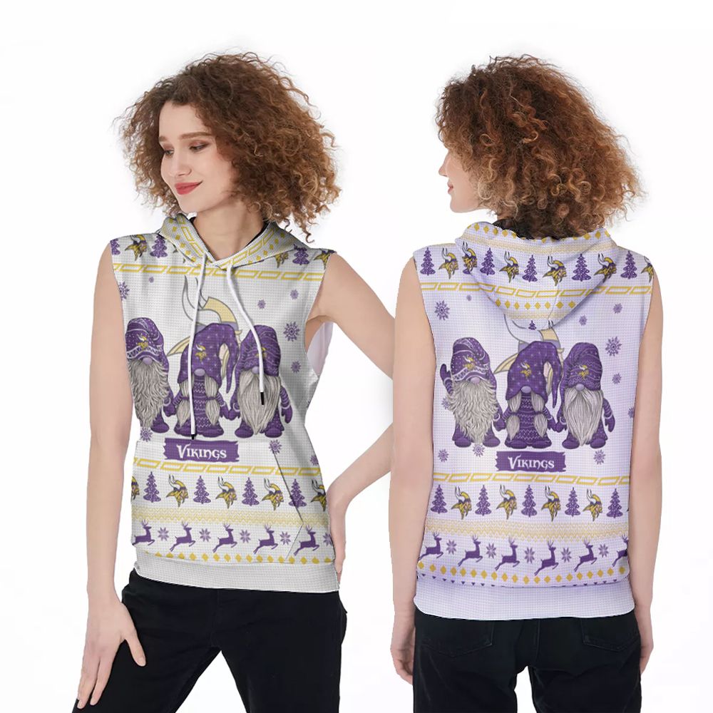 Minnesota Vikings Purple Gnomies Christmas Deer Patterns 3D Printed Gift For Vikings Fan Sleeveless Hoodie