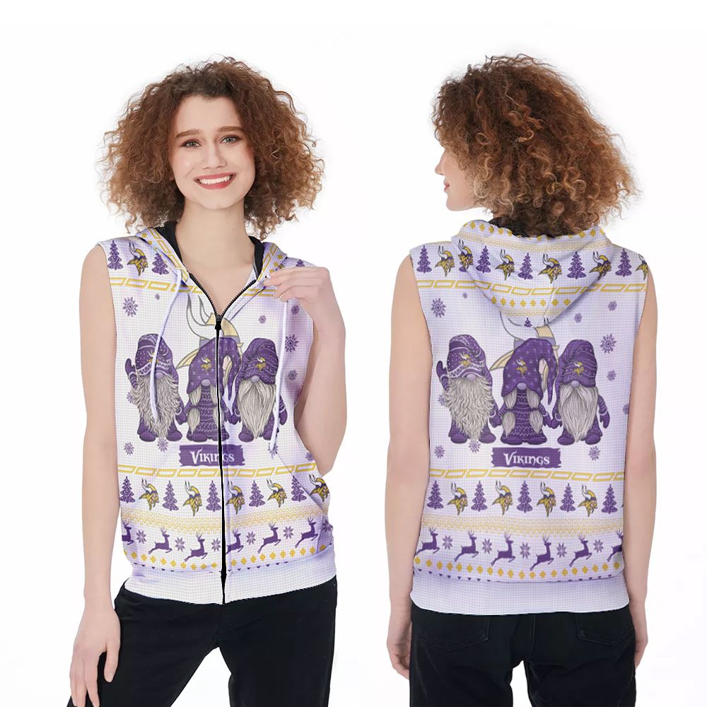 Minnesota Vikings Purple Gnomies Christmas Deer Patterns 3D Printed Gift For Vikings Fan Zip Sleeveless Hoodie
