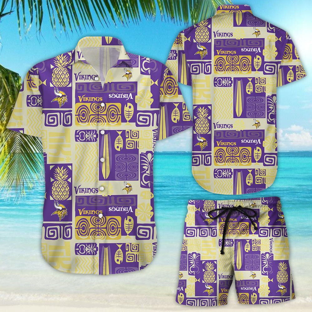 Minnesota Vikings PurpleTan Tiki Floral Button-Up All Over Printed Hawaiian Shirt Size S – 5Xl All Over Printed Hawaiian Shirt Size S – 5Xl