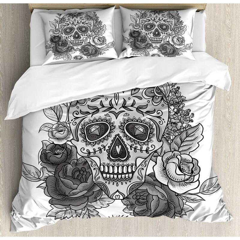 Monochrome Sugar Skull With Roses Leaves Duvet Cover Bedding Set