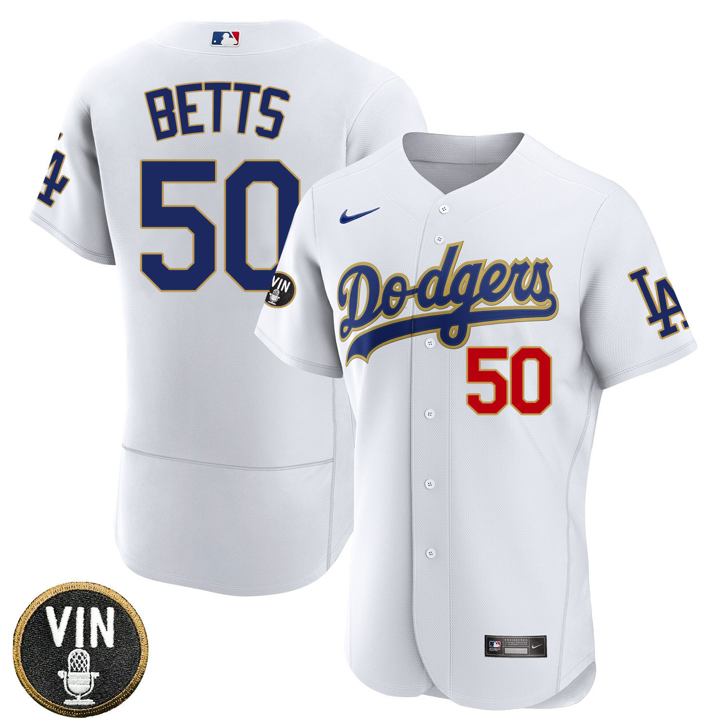 Mookie Betts Los Angeles Dodgers Vin Scully Patch Gold Trim Player - White Jersey - All Stitched