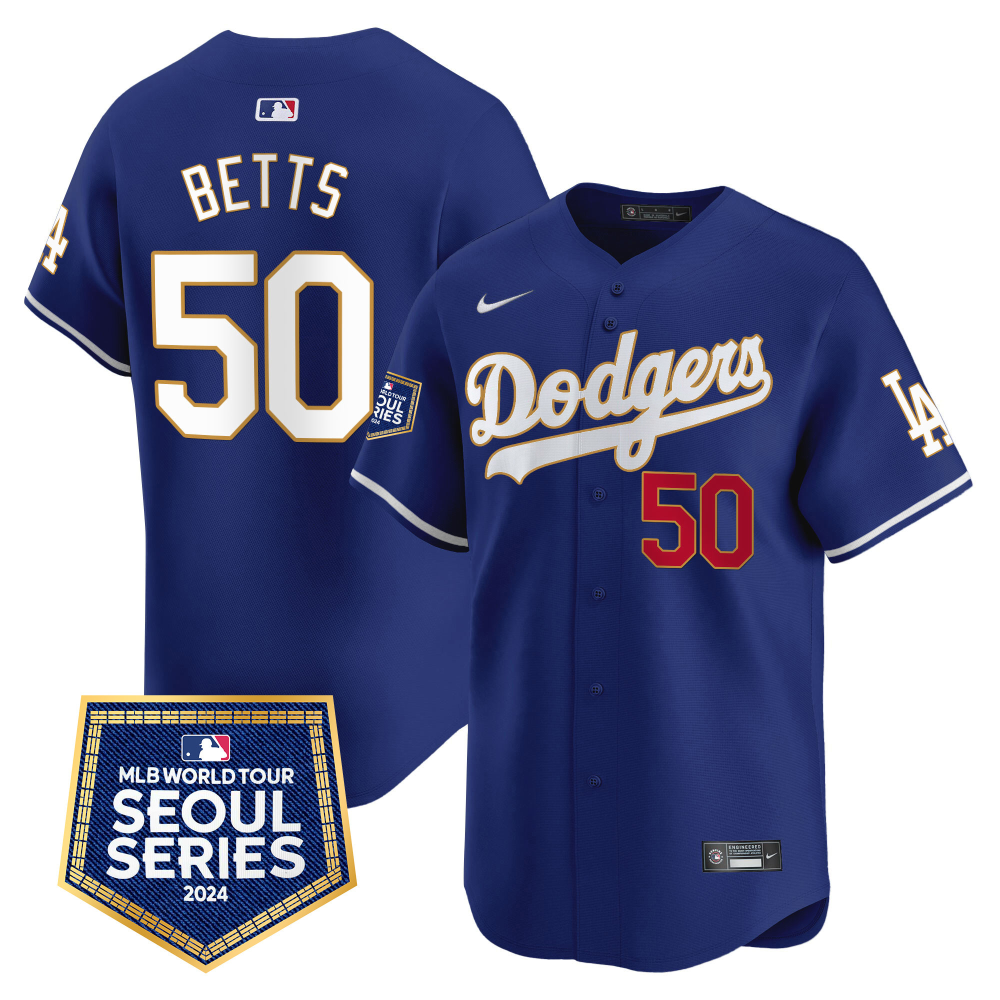 Mookie Betts Men's Los Angeles Dodgers 2024 World Tour Seoul Series Patch Vapor Premier Limited Royal Jersey - All Stitched