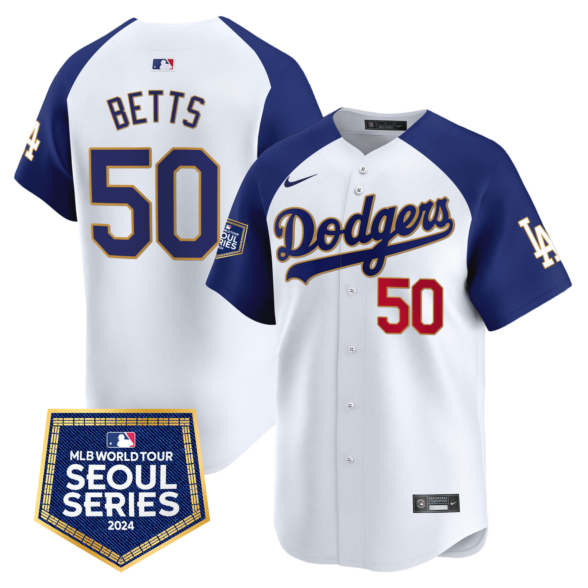 Mookie Betts Men's Los Angeles Dodgers 2024 World Tour Seoul Series Patch Vapor Premier Limited White Alternate Jersey - All Stitched
