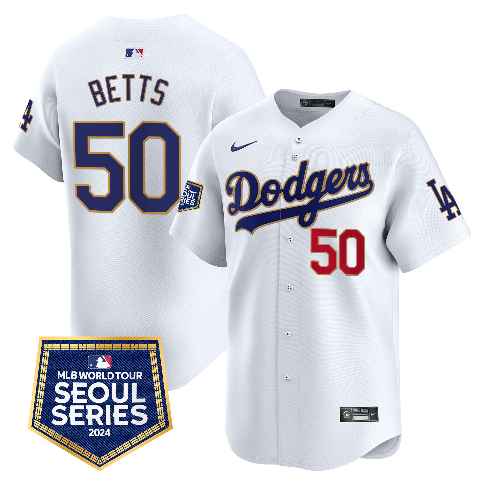 Mookie Betts Men's Los Angeles Dodgers 2024 World Tour Seoul Series Patch Vapor Premier Limited White Jersey - All Stitched