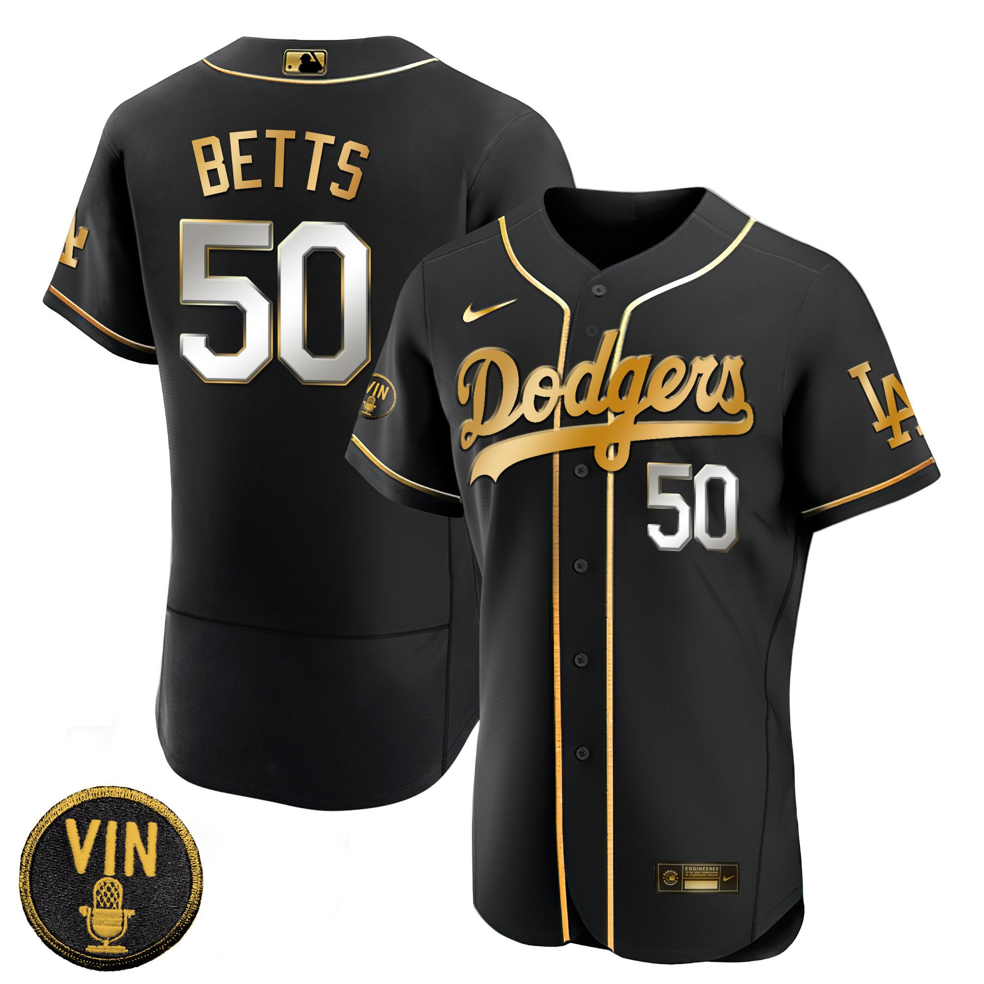 Mookie Betts Men's Los Angeles Dodgers Black Limited Vin Scully Patch Gold Flex Black Limited Jersey - All Stitched