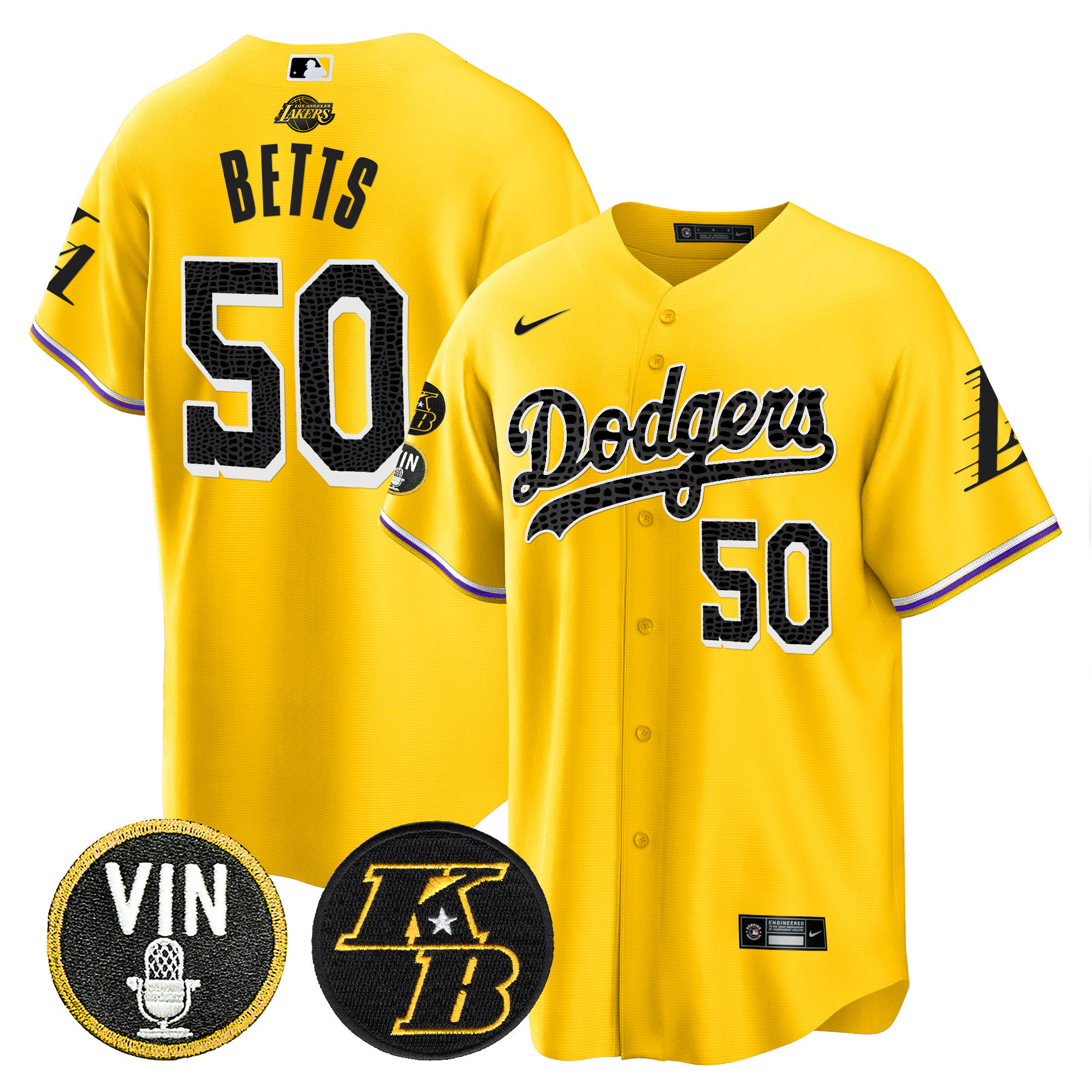 Mookie Betts Men's Los Angeles Dodgers Bryant & Vin Patch Cool Base Mamba Gold Jersey - All Stitched