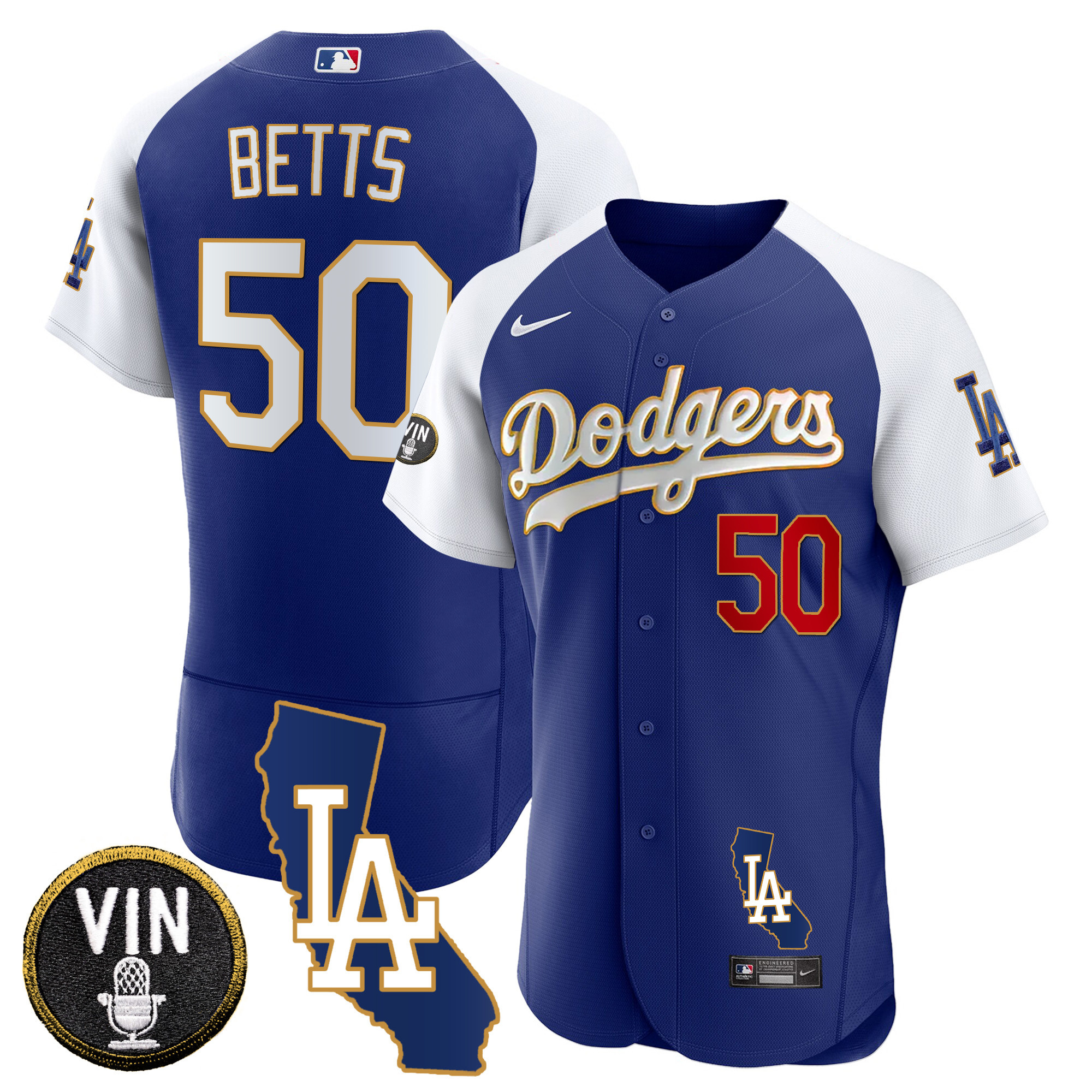 Mookie Betts Men's Los Angeles Dodgers California Patch Gold Trim Flex Base Alternate Royal Jersey - All Stitched