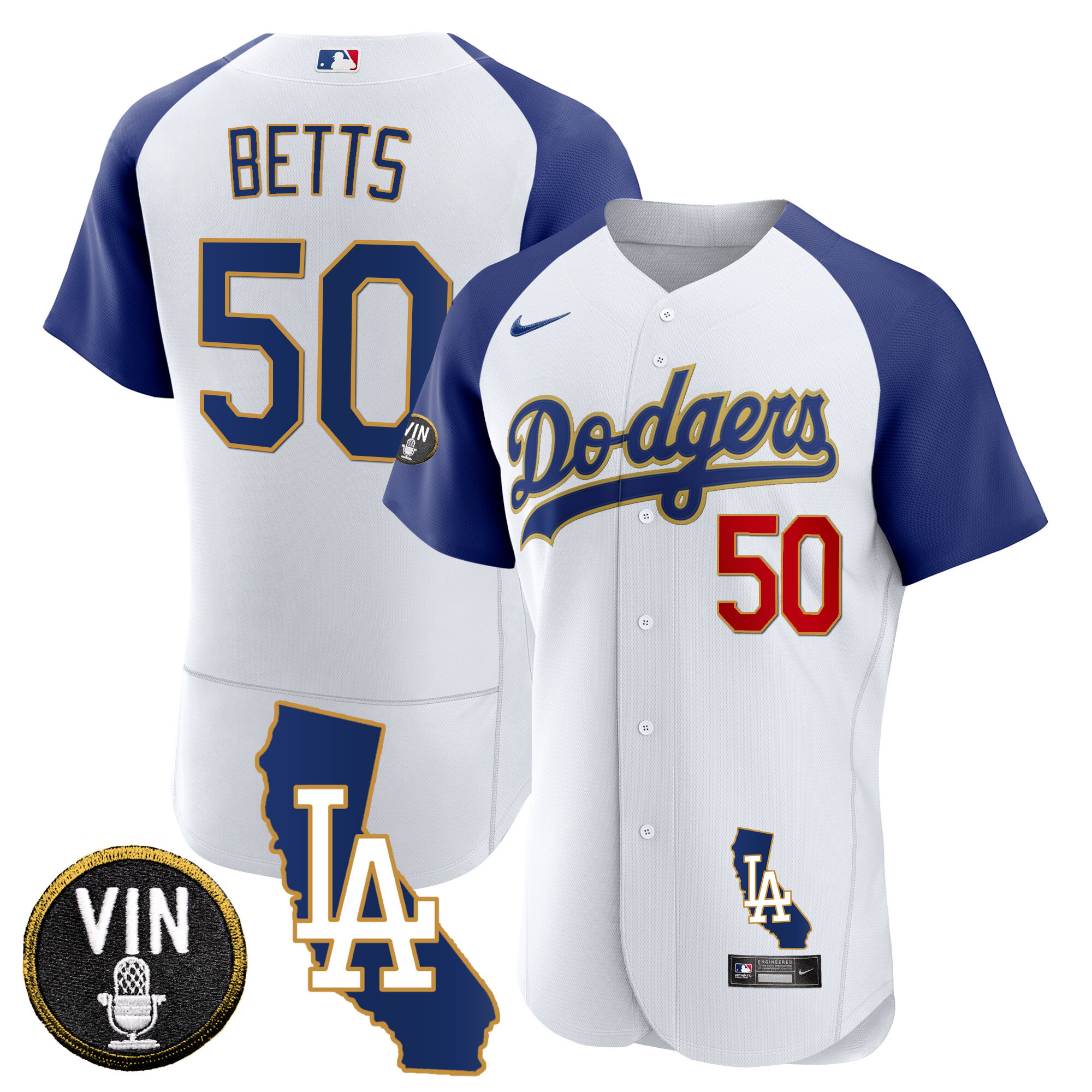 Mookie Betts Men's Los Angeles Dodgers California Patch Gold Trim Flex Base Alternate White Jersey - All Stitched