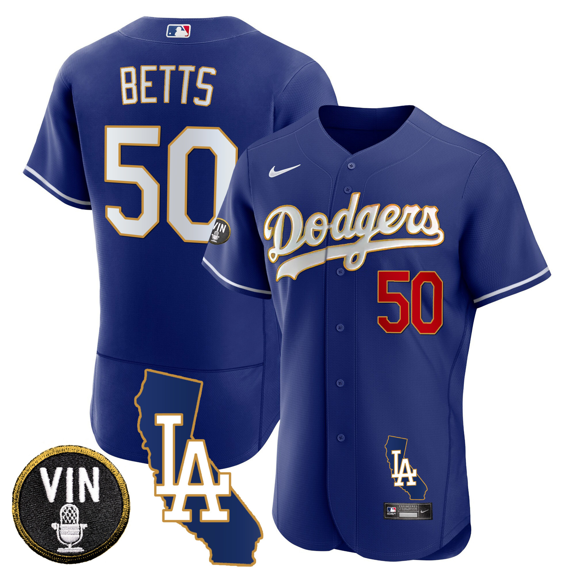 Mookie Betts Men's Los Angeles Dodgers California Patch Gold Trim Flex Base Royal Jersey - All Stitched