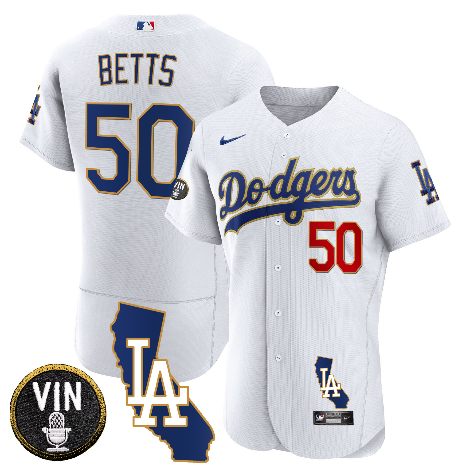 Mookie Betts Men's Los Angeles Dodgers California Patch Gold Trim Flex Base White Jersey - All Stitched
