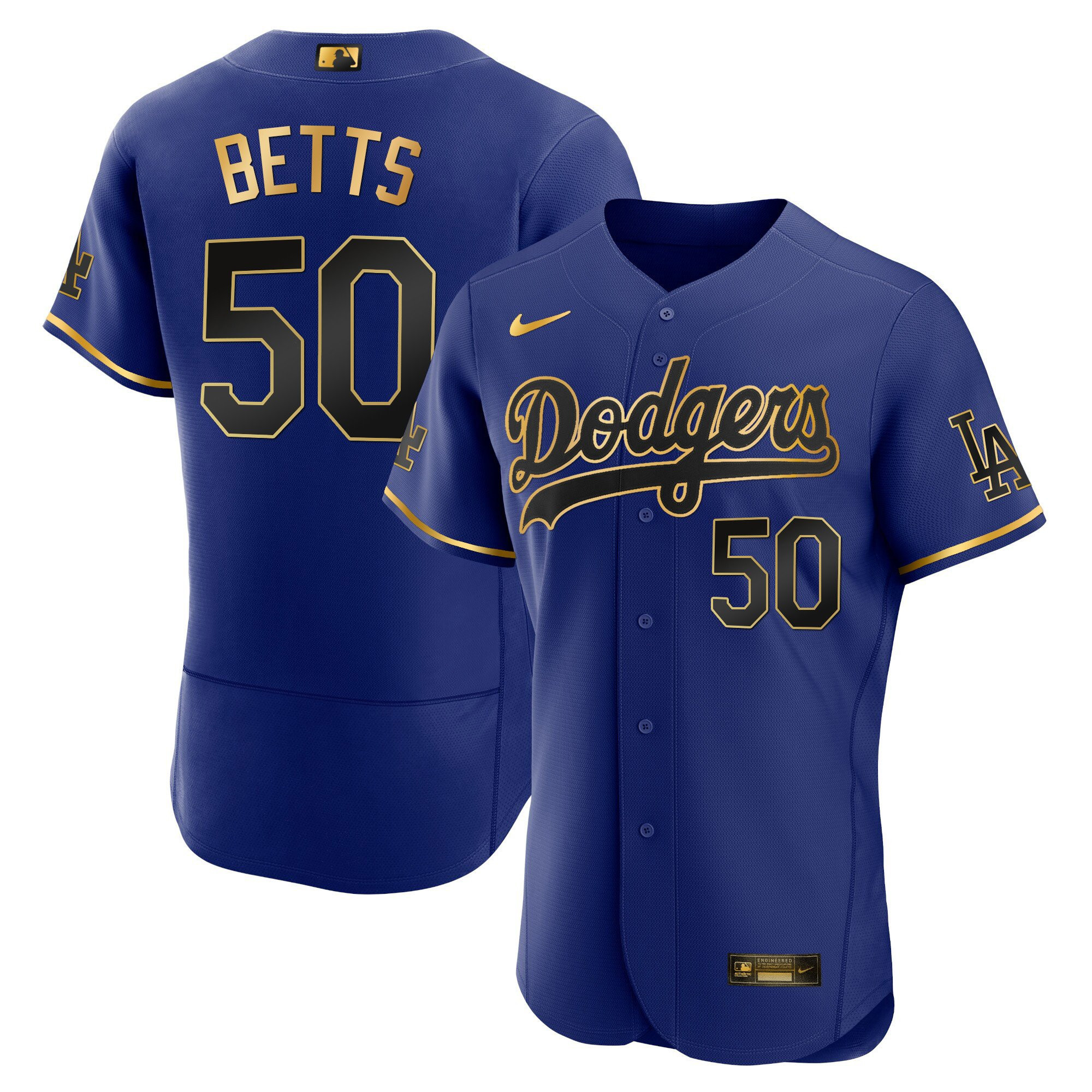 Mookie Betts Men's Los Angeles Dodgers Flex Base Gold Flex Black Royal Jersey - All Stitched