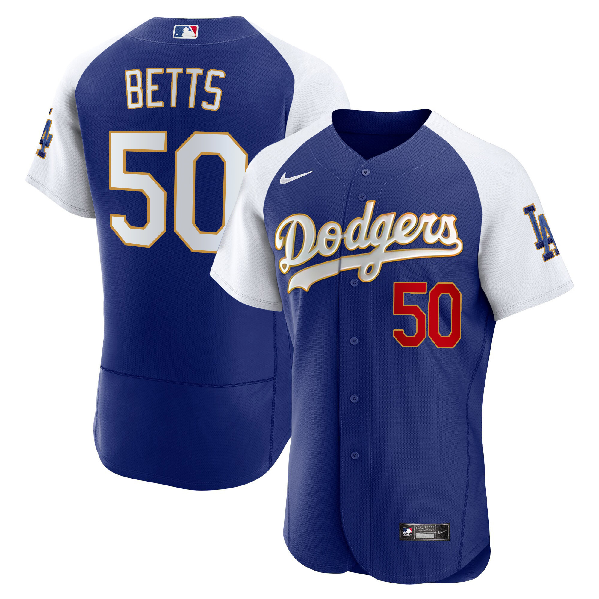 Mookie Betts Men's Los Angeles Dodgers Gold Trim Flex Base Alternate Royal Jersey - All Stitched