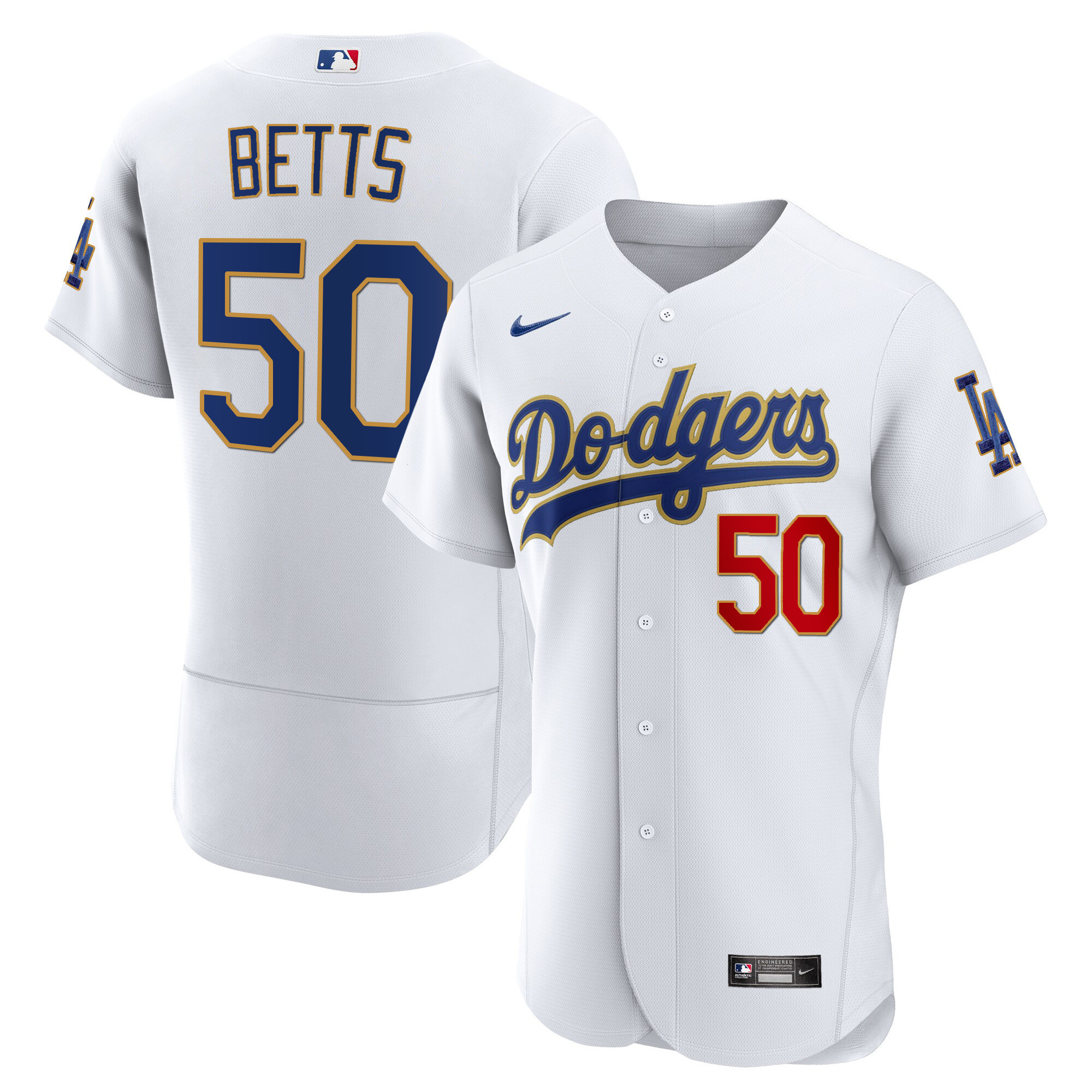Mookie Betts Men's Los Angeles Dodgers Gold Trim Flex Base White Jersey - All Stitched