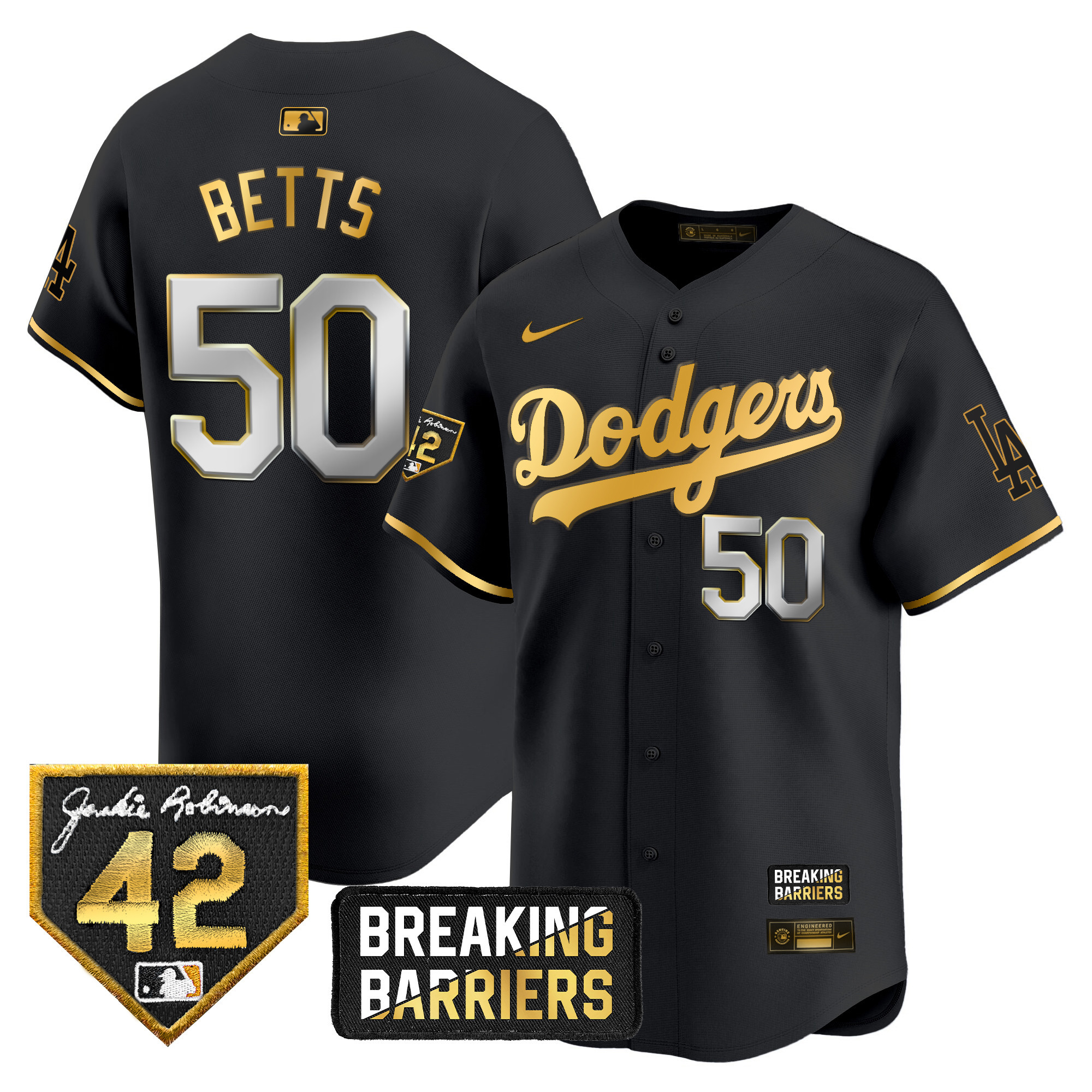 Mookie Betts Men's Los Angeles Dodgers Jackie Robinson Breaking Barriers Patch Vapor Premier Limited Black Gold Jersey - All Stitched