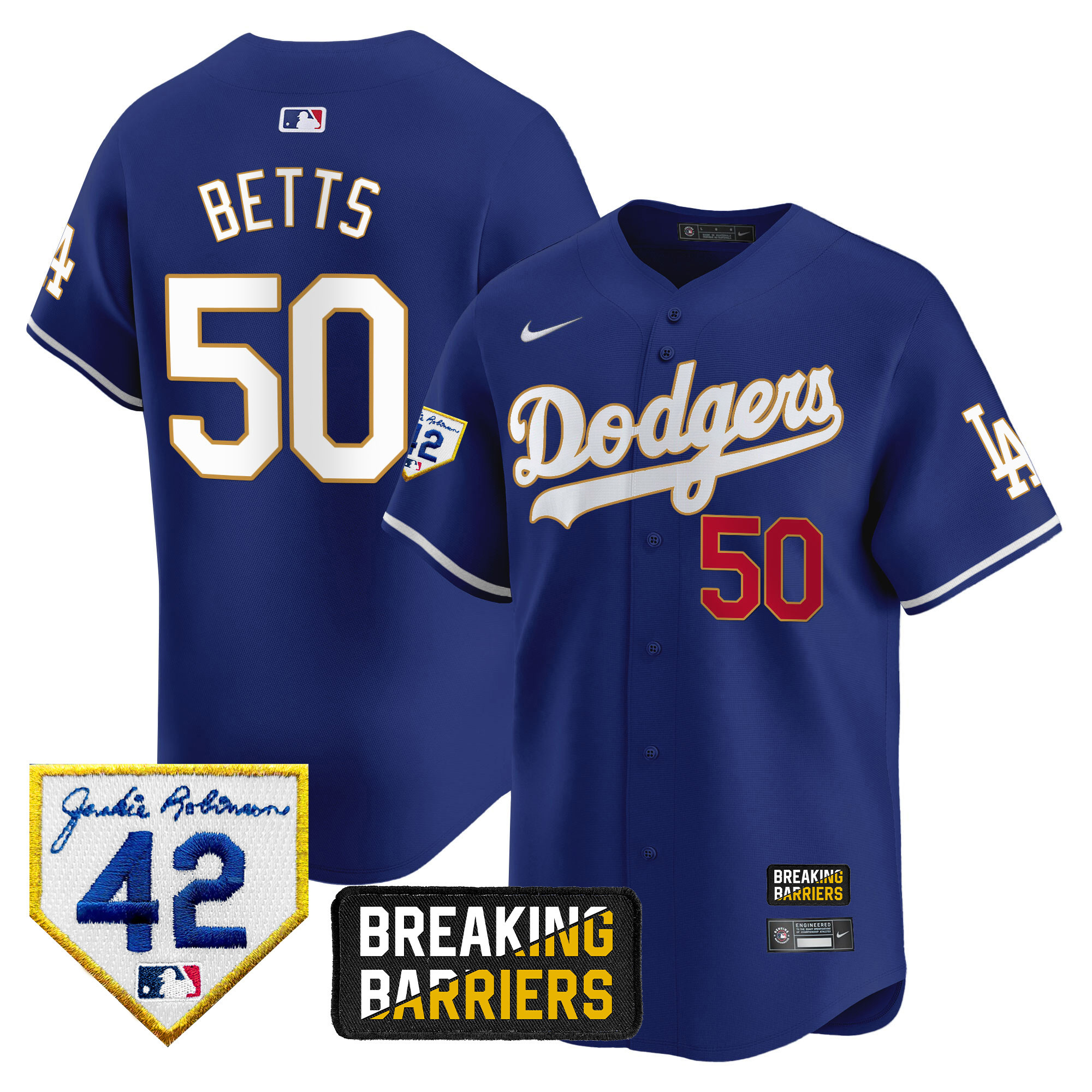 Mookie Betts Men's Los Angeles Dodgers Jackie Robinson Breaking Barriers Patch Vapor Premier Limited Royal Jersey - All Stitched
