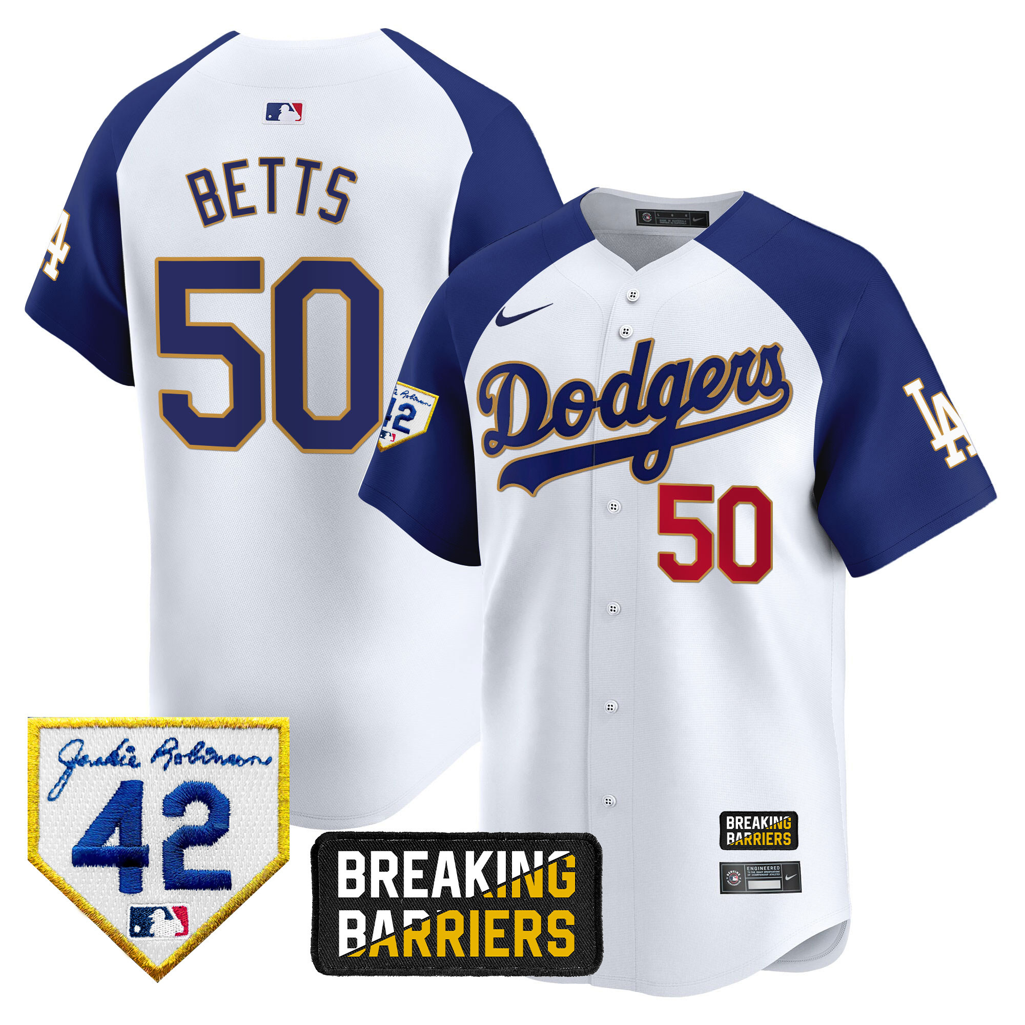 Mookie Betts Men's Los Angeles Dodgers Jackie Robinson Breaking Barriers Patch Vapor Premier Limited White Alternate Jersey - All Stitched