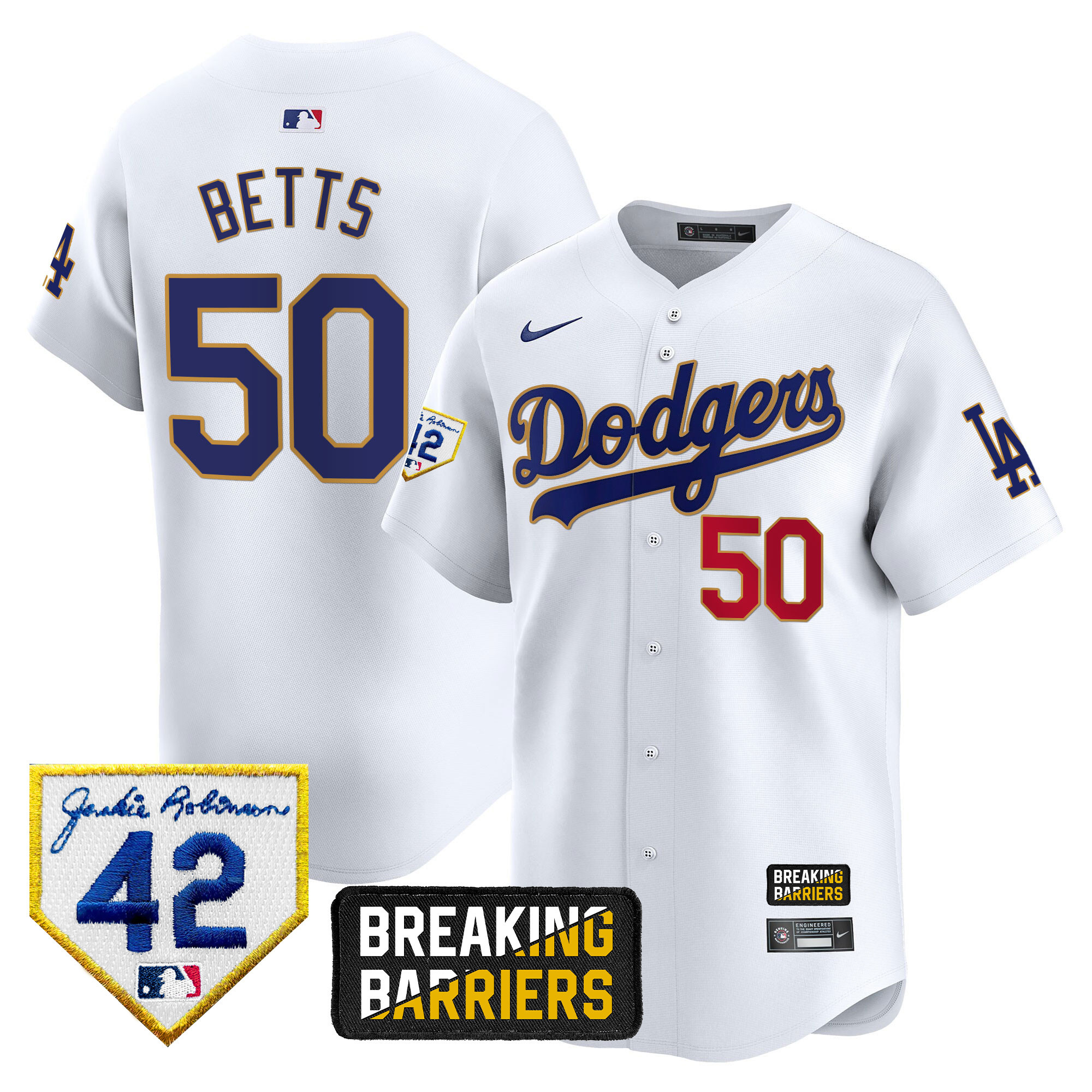 Mookie Betts Men's Los Angeles Dodgers Jackie Robinson Breaking Barriers Patch Vapor Premier Limited White Jersey - All Stitched