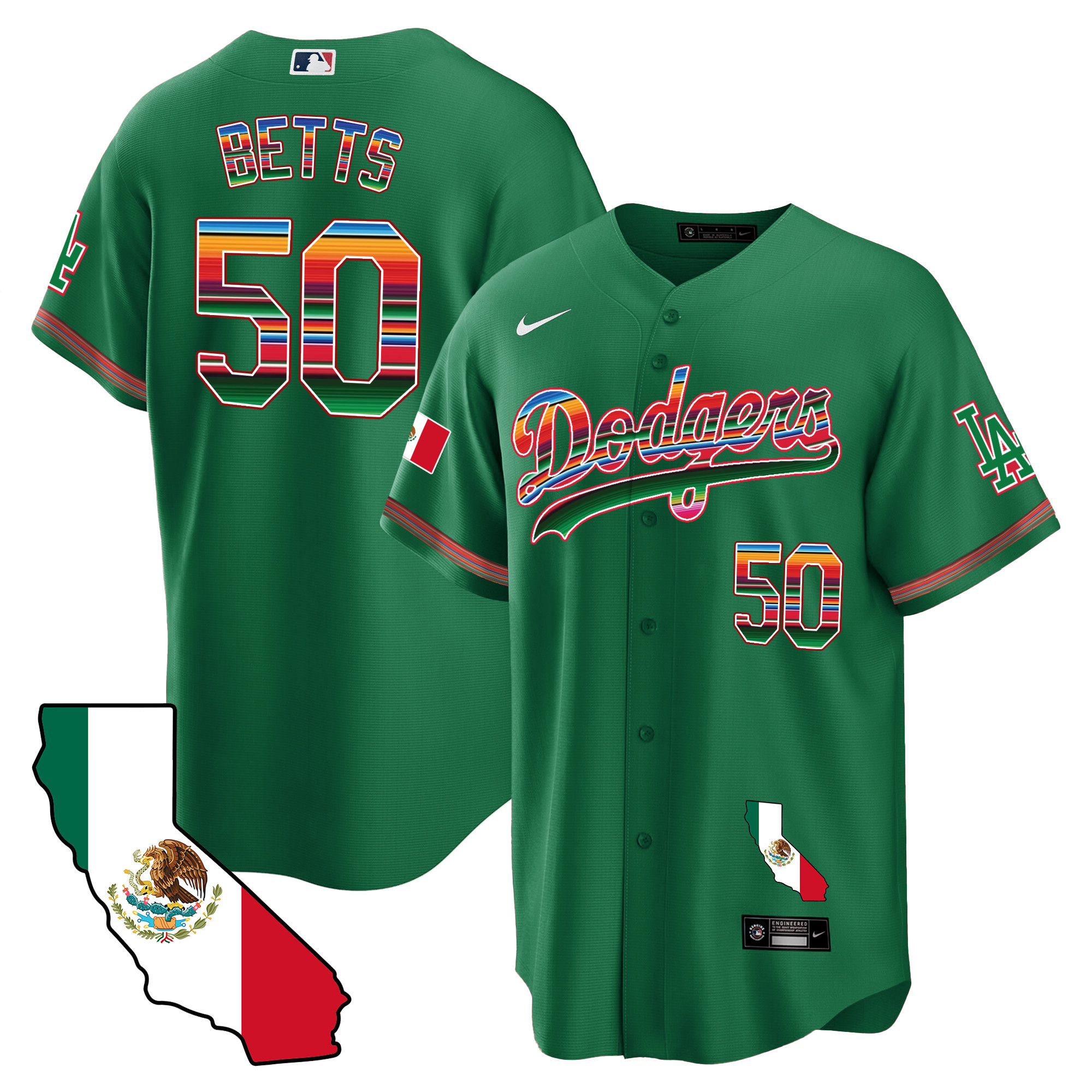 Mookie Betts Men's Los Angeles Dodgers Mexico California Map Cool Base Green Jersey - All Stitched