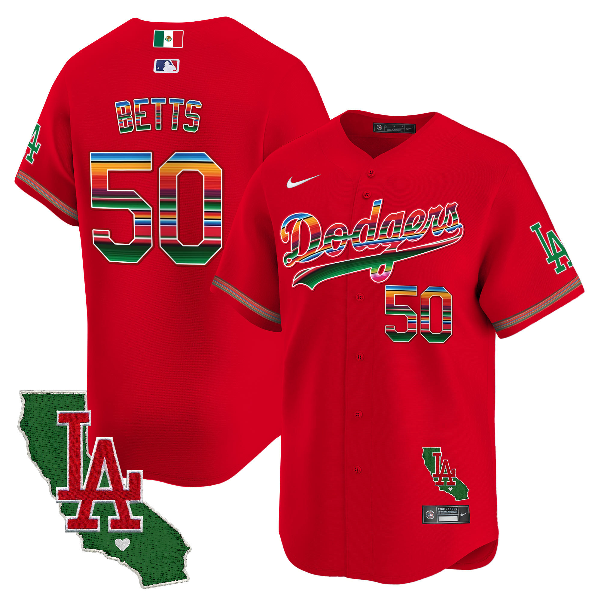 Mookie Betts Men's Los Angeles Dodgers Mexico California Patch Vapor Premier Limited V2 Red Jersey - All Stitched