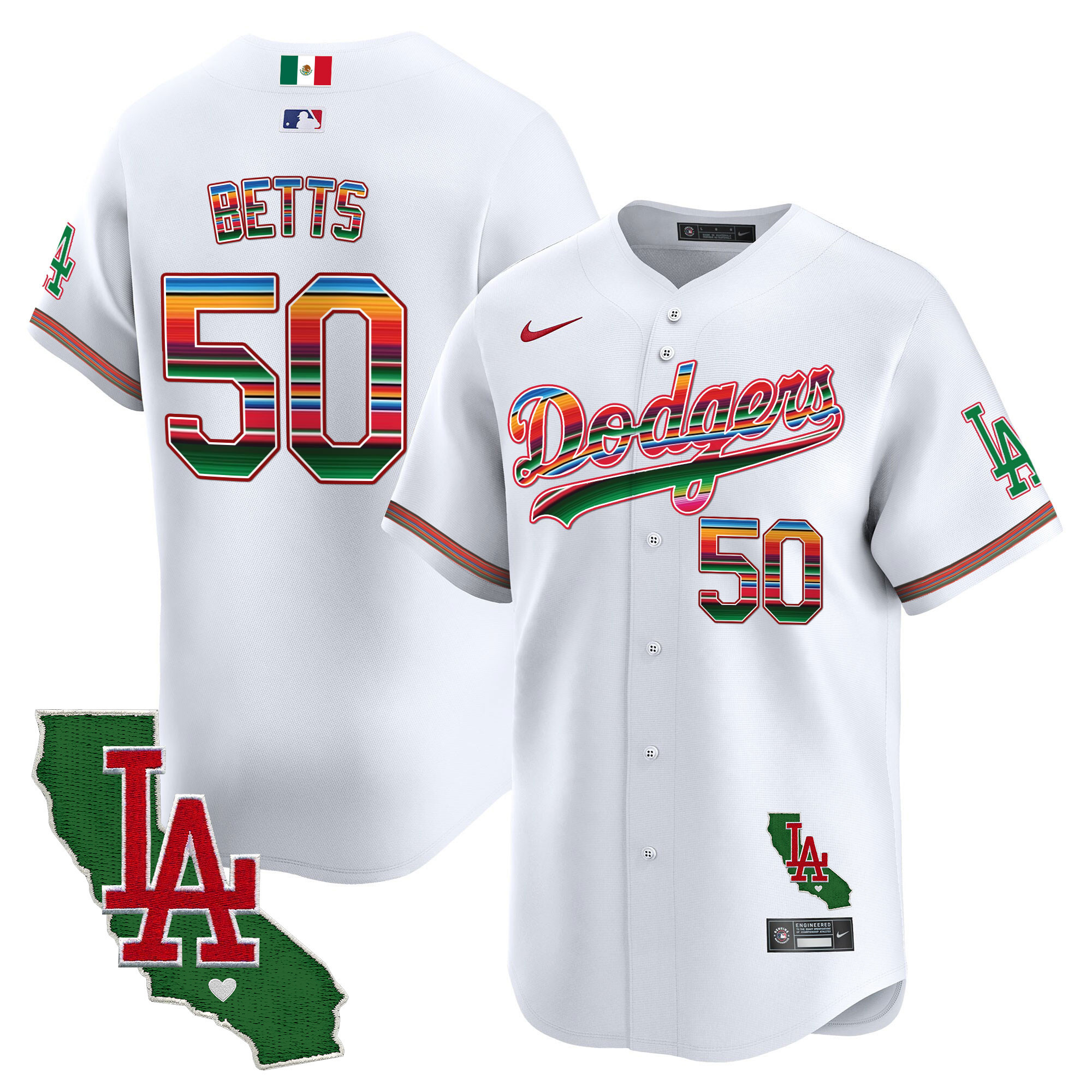 Mookie Betts Men's Los Angeles Dodgers Mexico California Patch Vapor Premier Limited V2 White Jersey - All Stitched