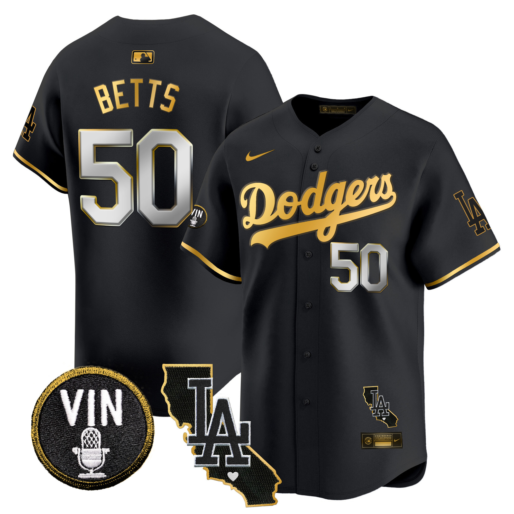 Mookie Betts Men's Los Angeles Dodgers Vin & California Patch Gold Trim Vapor Premier Limited Black Gold Jersey - All Stitched