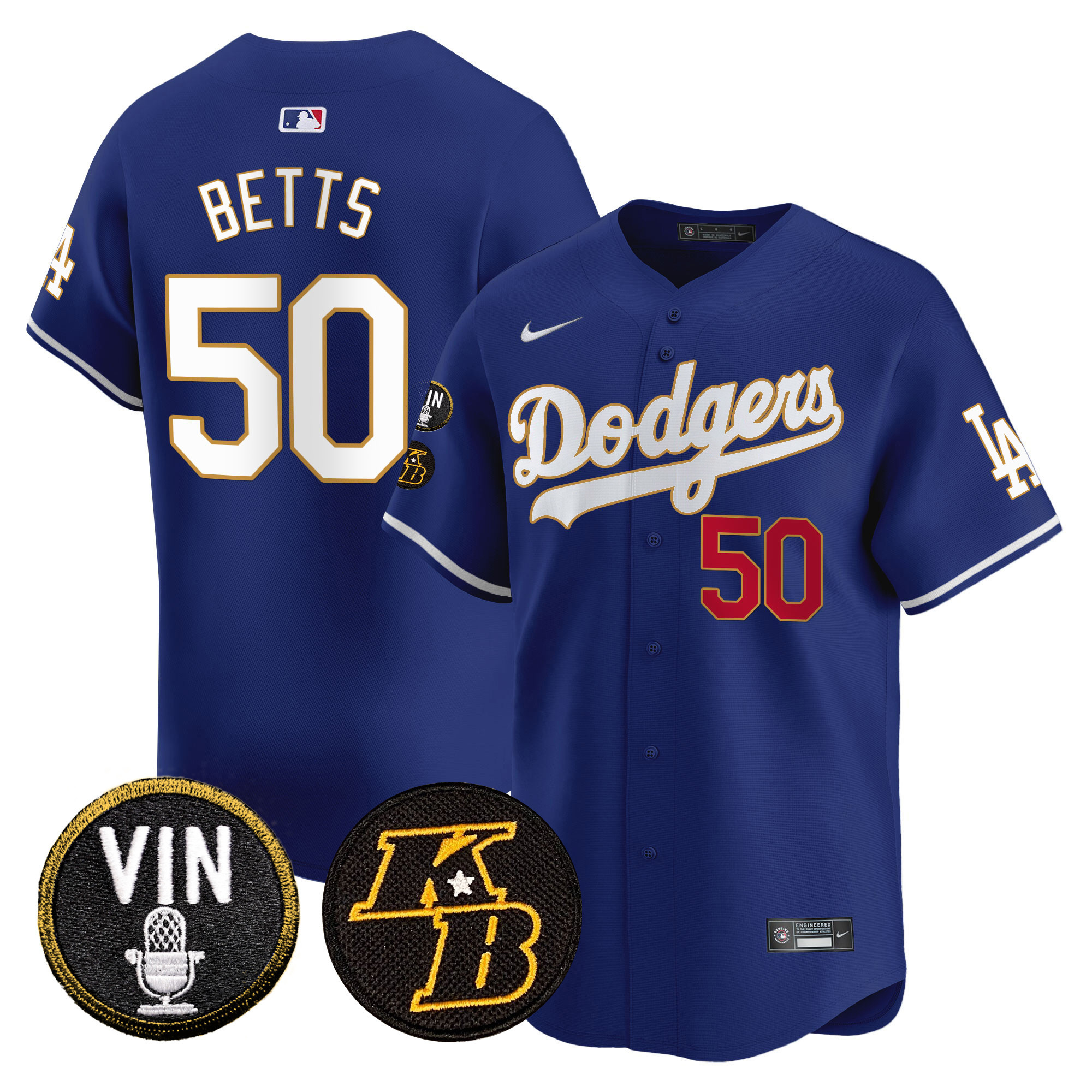 Mookie Betts Men's Los Angeles Dodgers Vin & Kobe Patch Gold Trim Vapor Premier Limited Royal Jersey - All Stitched