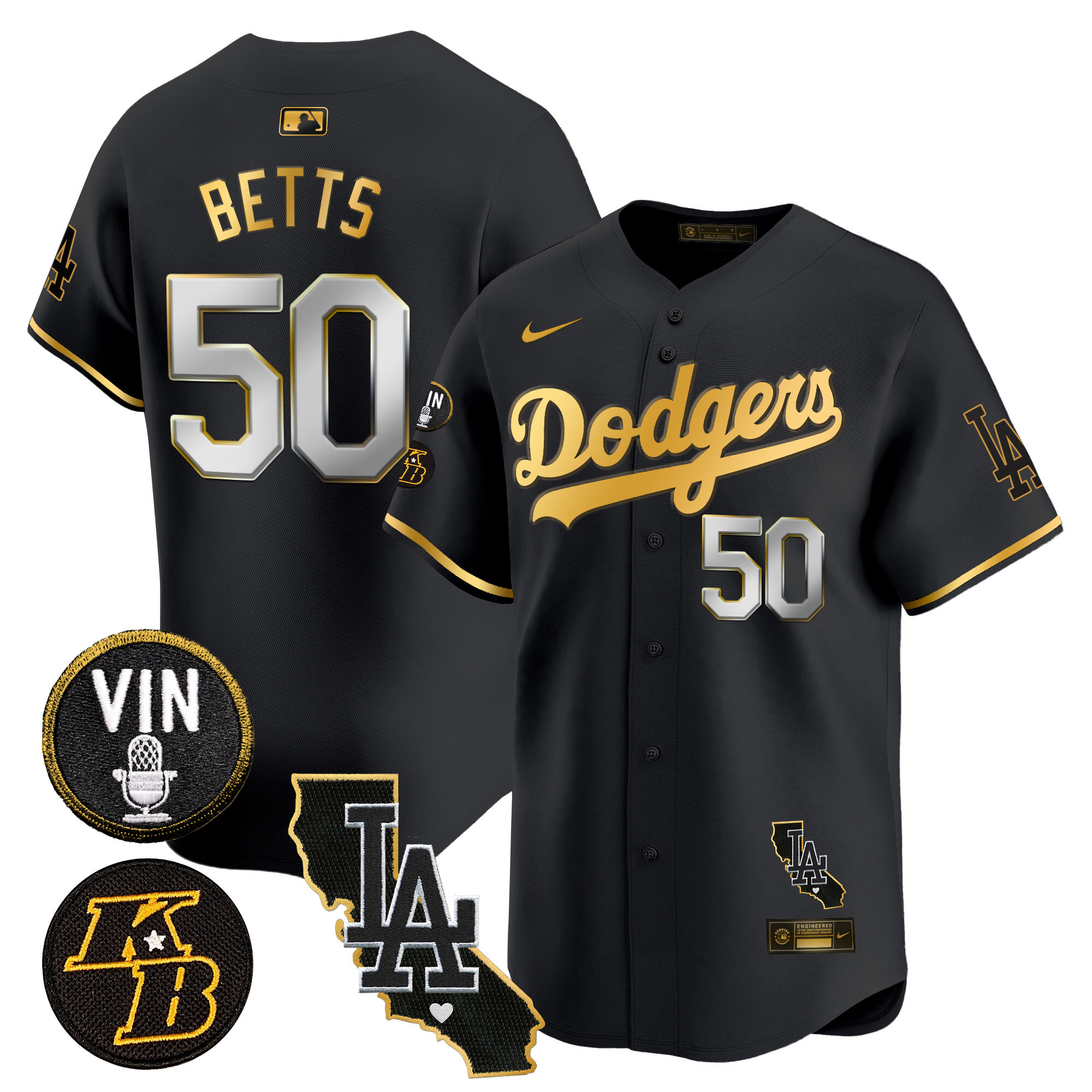 Mookie Betts Men's Los Angeles Dodgers Vin & Kobe Patch Gold Trim Vapor Premier Limited V2 Black Gold Jersey - All Stitched