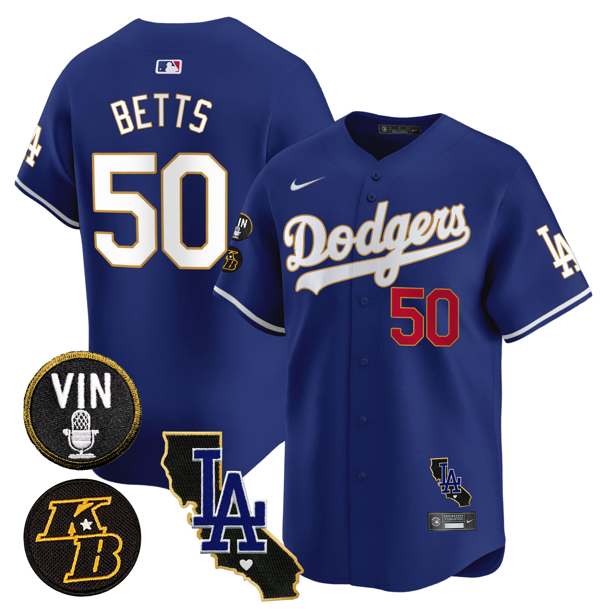 Mookie Betts Men's Los Angeles Dodgers Vin & Kobe Patch Gold Trim Vapor Premier Limited V2 Royal Jersey - All Stitched