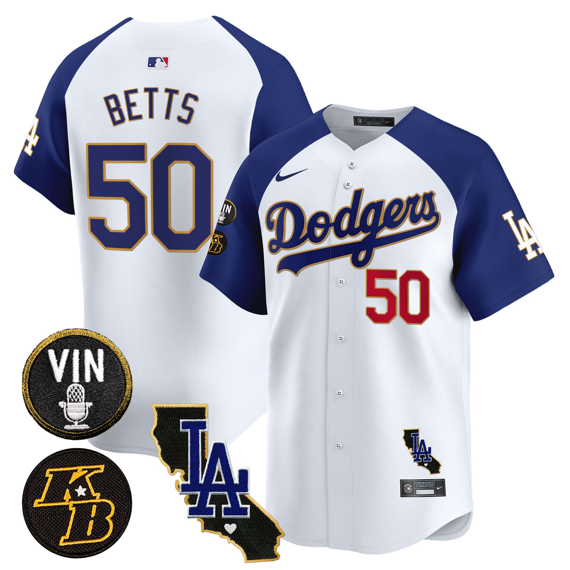 Mookie Betts Men's Los Angeles Dodgers Vin & Kobe Patch Gold Trim Vapor Premier Limited V2 White Alternate Jersey - All Stitched