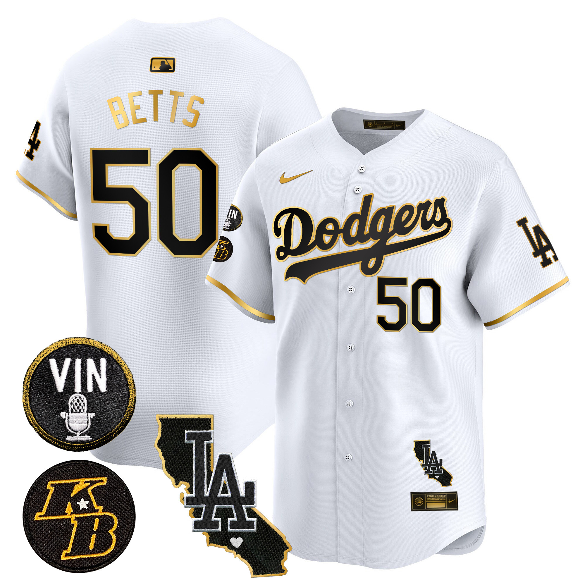 Mookie Betts Men's Los Angeles Dodgers Vin & Kobe Patch Gold Trim Vapor Premier Limited V2 White Gold Jersey - All Stitched