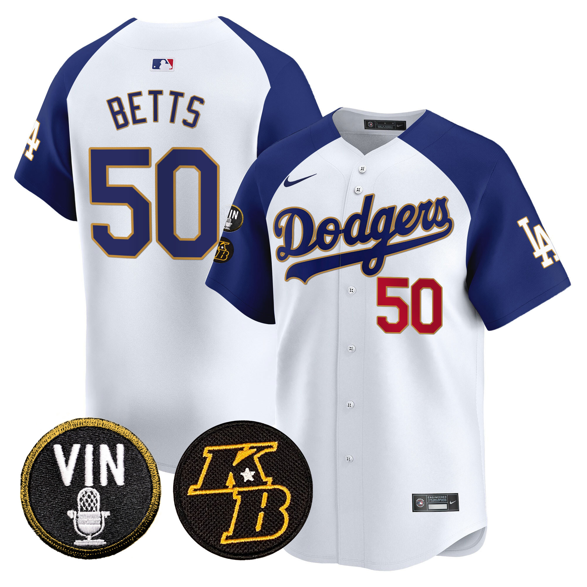 Mookie Betts Men's Los Angeles Dodgers Vin & Kobe Patch Gold Trim Vapor Premier Limited White Alternate Jersey - All Stitched