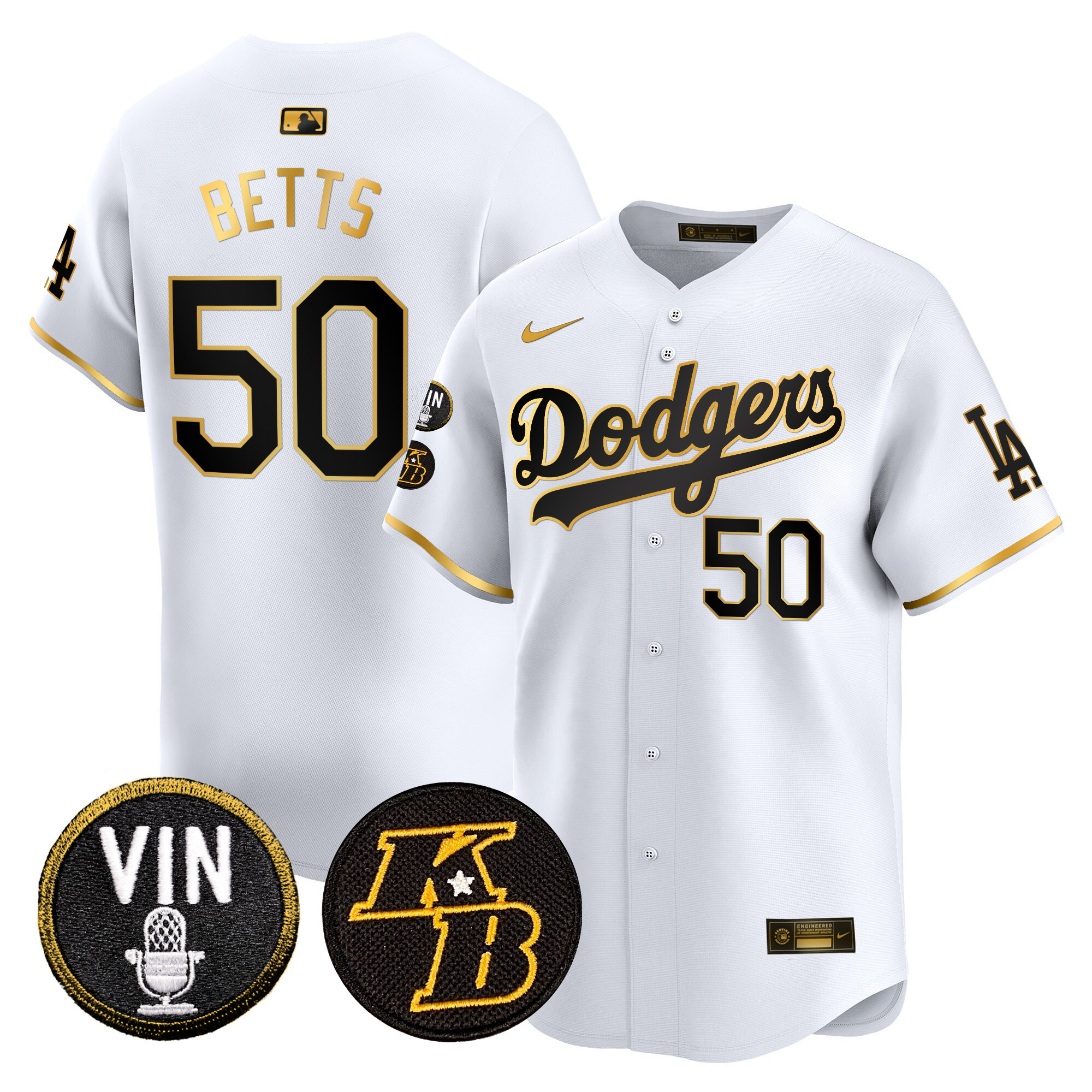 Mookie Betts Men's Los Angeles Dodgers Vin & Kobe Patch Gold Trim Vapor Premier Limited White Gold Jersey - All Stitched