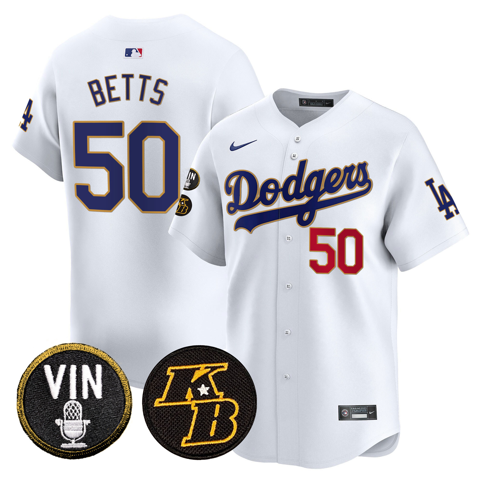 Mookie Betts Men's Los Angeles Dodgers Vin & Kobe Patch Gold Trim Vapor Premier Limited White Jersey - All Stitched