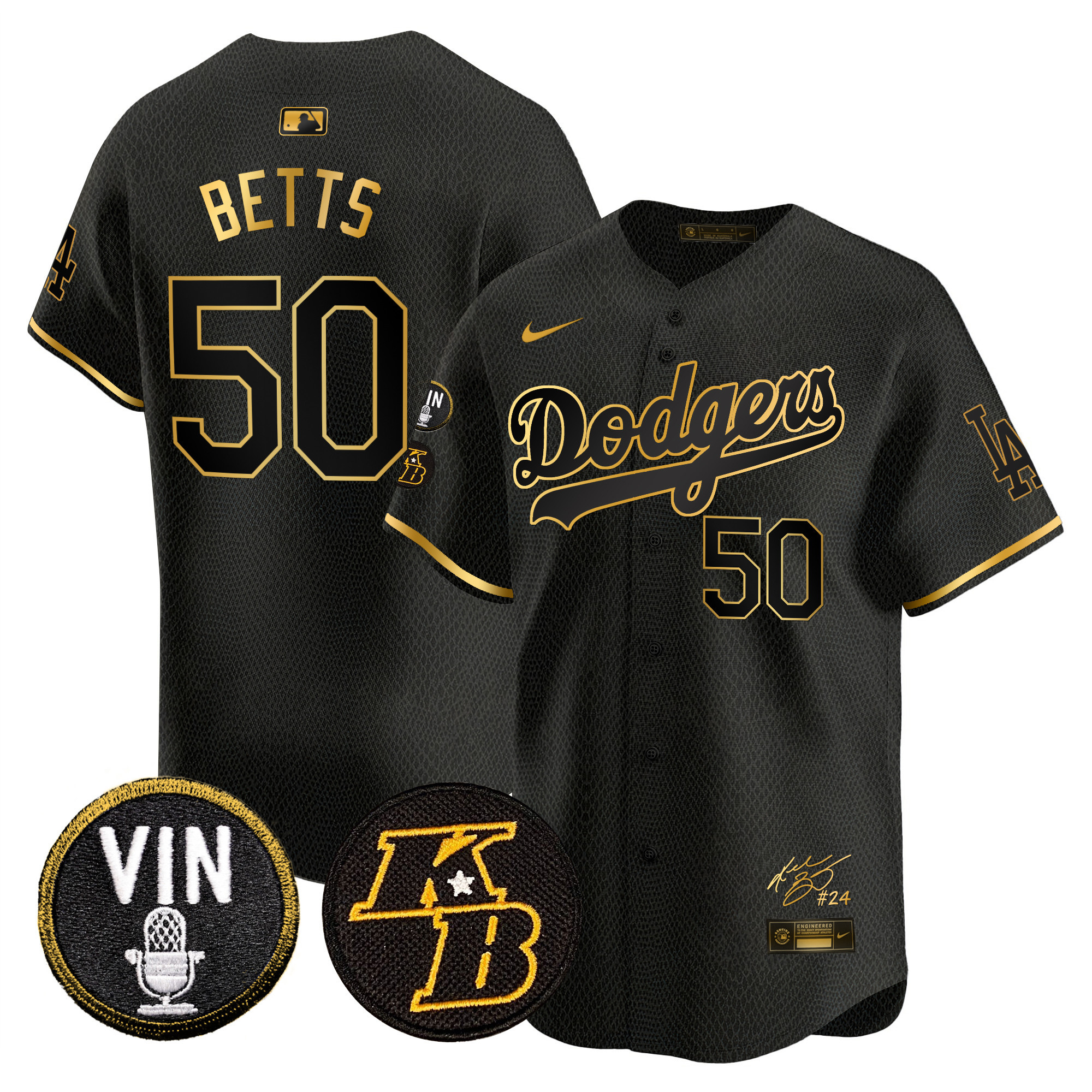 Mookie Betts Men's Los Angeles Dodgers Vin Patch & Kobe Bryant Signature Vapor Premier Limited Mamba Gold Jersey - All Stitched