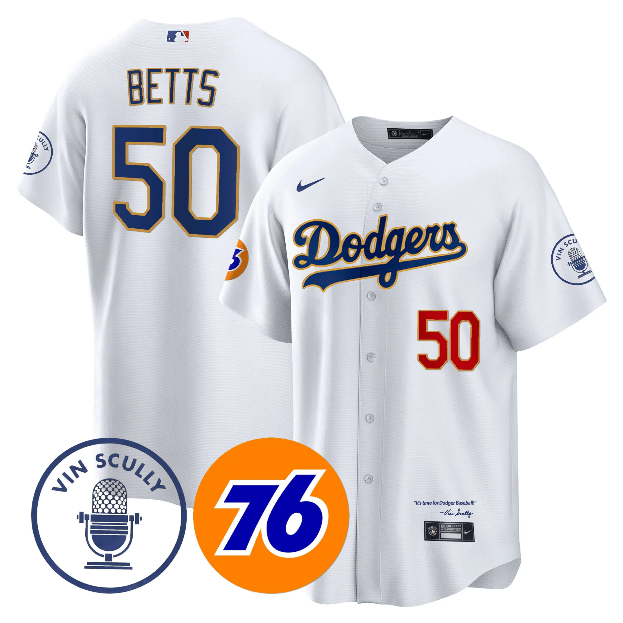 Mookie Betts Men's Los Angeles Dodgers Vin Scully 76 Patch Gold Trim Player Cool White Jersey - All Stitched