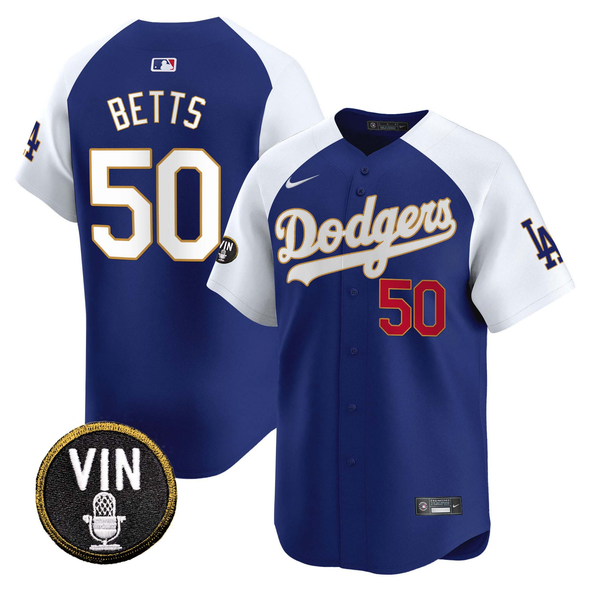 Mookie Betts Men's Los Angeles Dodgers Vin Scully Patch Gold Trim Vapor Premier Limited Alternate Royal Jersey - All Stitched