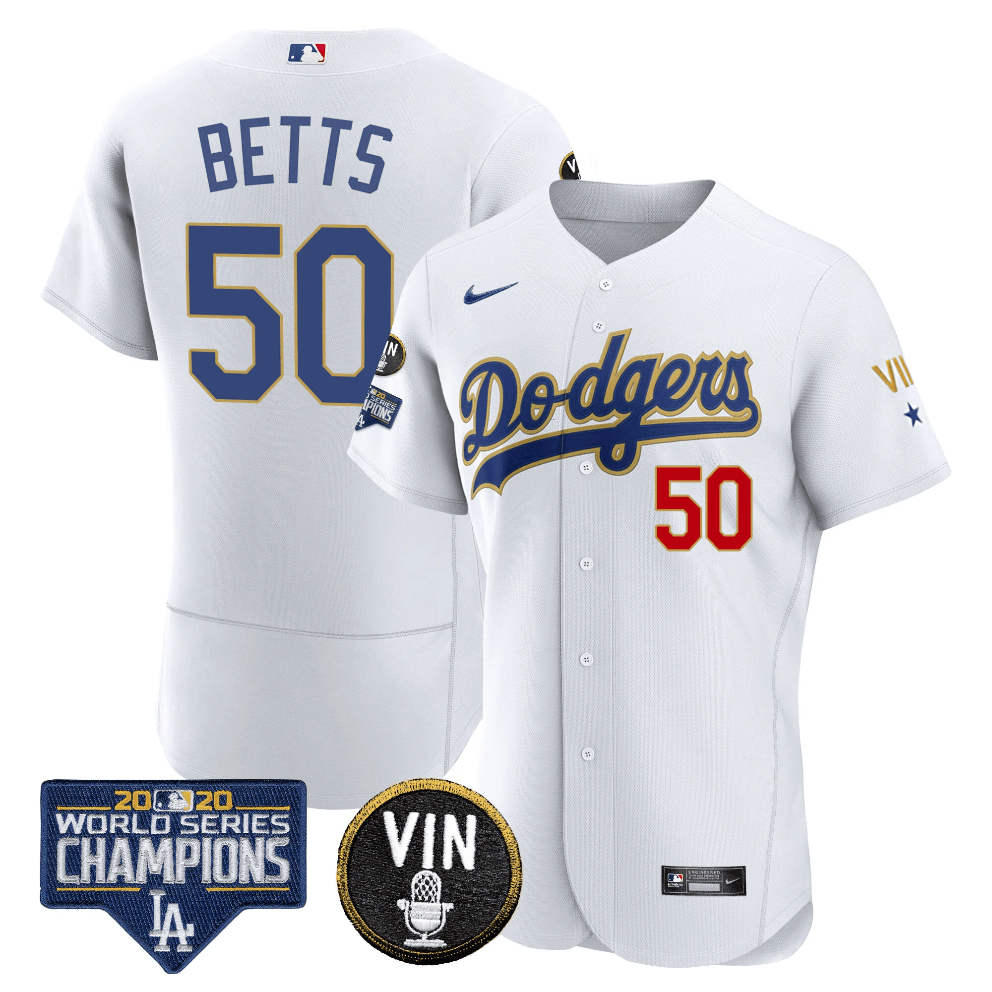 Mookie Betts Men's Los Angeles Dodgers World Series & Vin Sculy Patch Gold Flex White Jersey - All Stitched