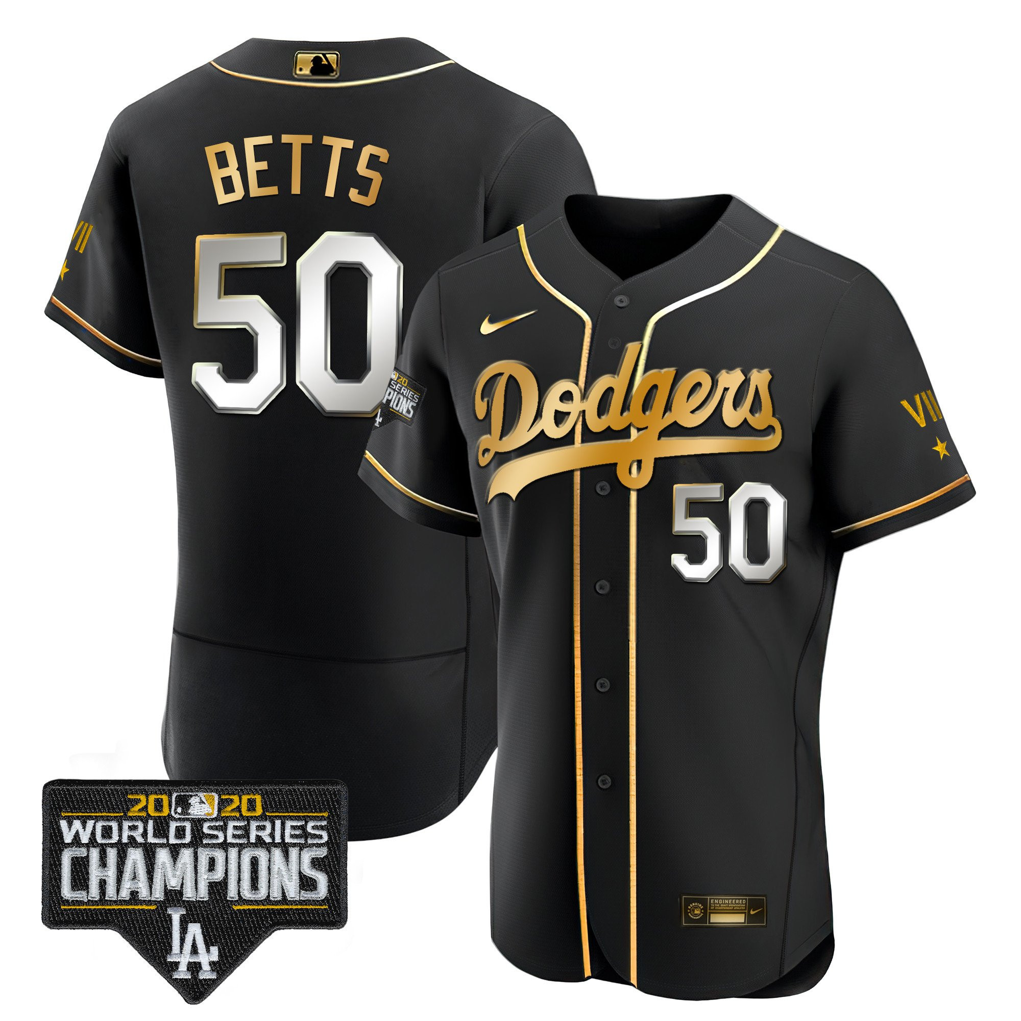 Mookie Betts Men's Los Angeles Dodgers World Series 2020 Gold Flex Black Jersey - All Stitched