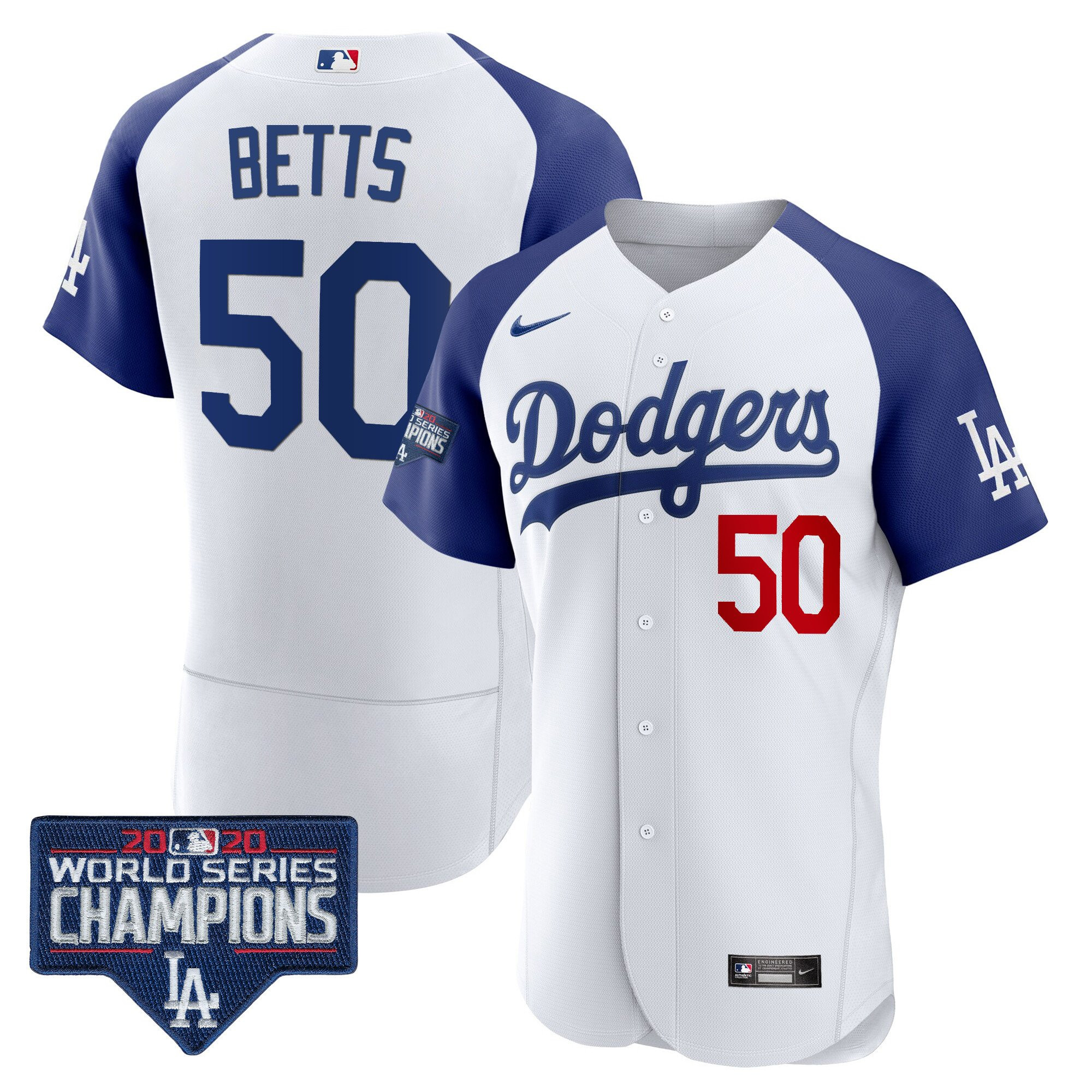 Mookie Betts Men's Los Angeles Dodgers World Series Champions Patch Flex Base Alternate White Jersey - All Stitched