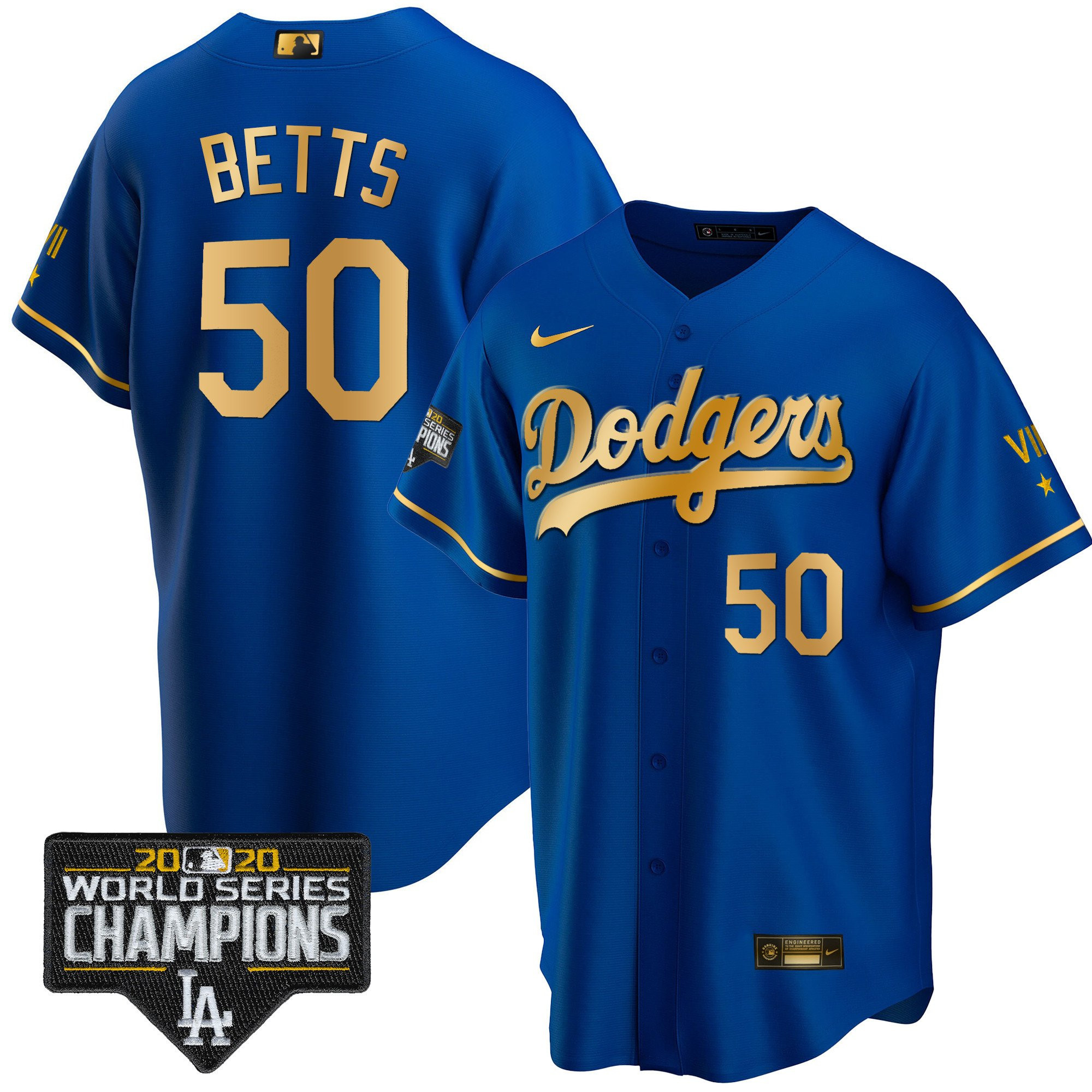 Mookie Betts Men's Los Angeles Dodgers World Series Patch Gold Limited Cool Gold Royal Jersey - All Stitched