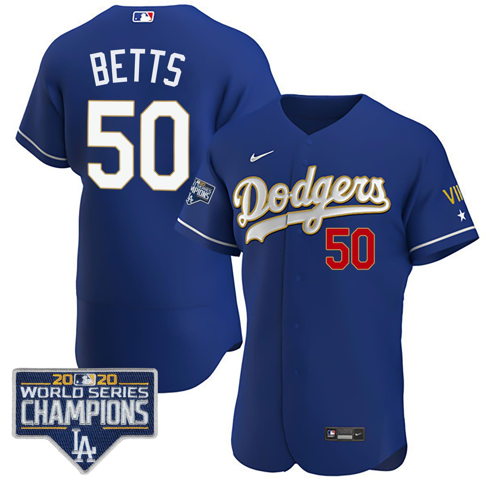 Mookie Betts Men's Los Angeles Dodgers World Series Patch Gold Limited Flex Royal Jersey - All Stitched