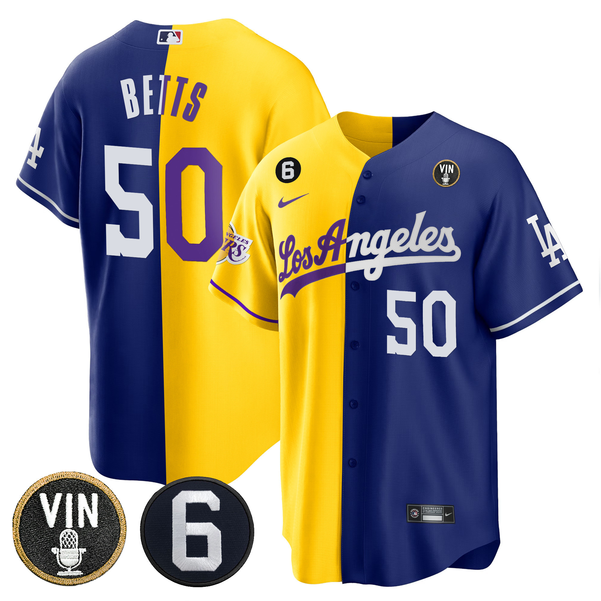 Mookie Betts Men's Split Los Angeles Dodgers - Lakers Cool Base Gold Royal Jersey - All Stitched