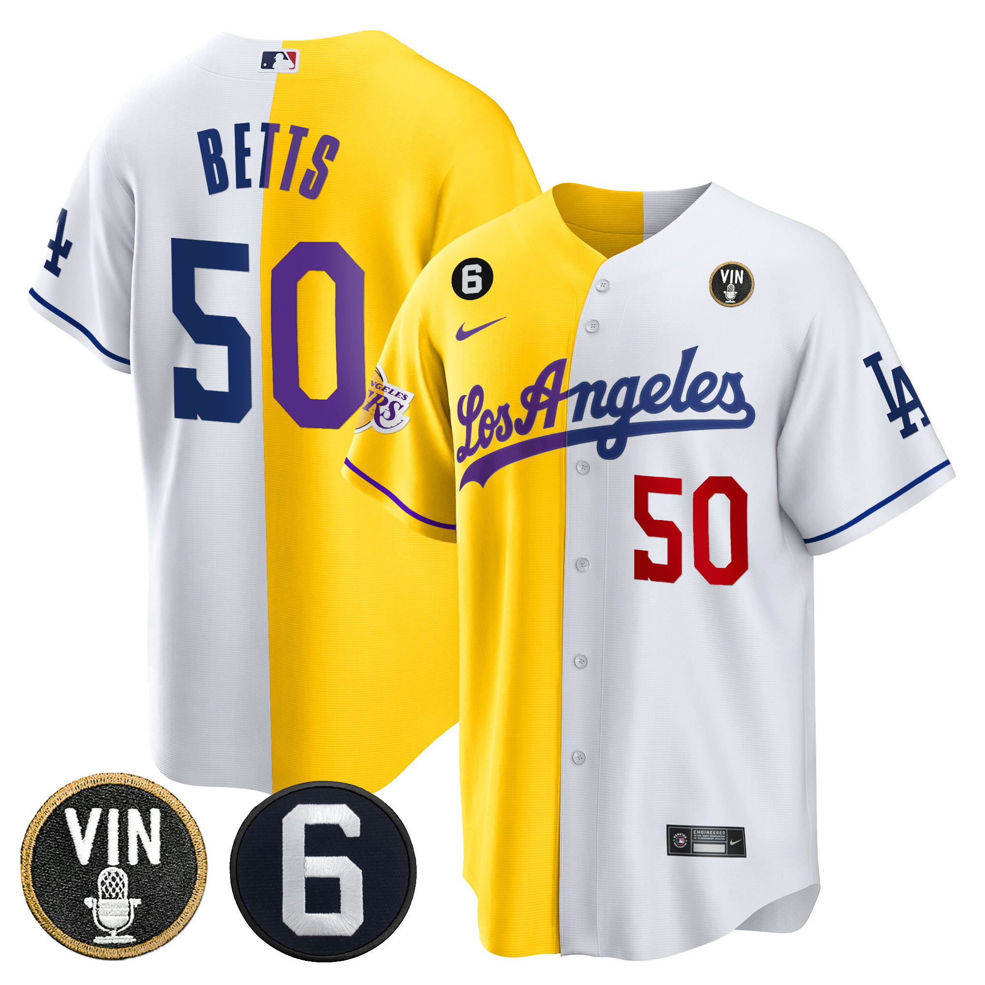 Mookie Betts Men's Split Los Angeles Dodgers - Lakers Cool Base Gold White Jersey - All Stitched