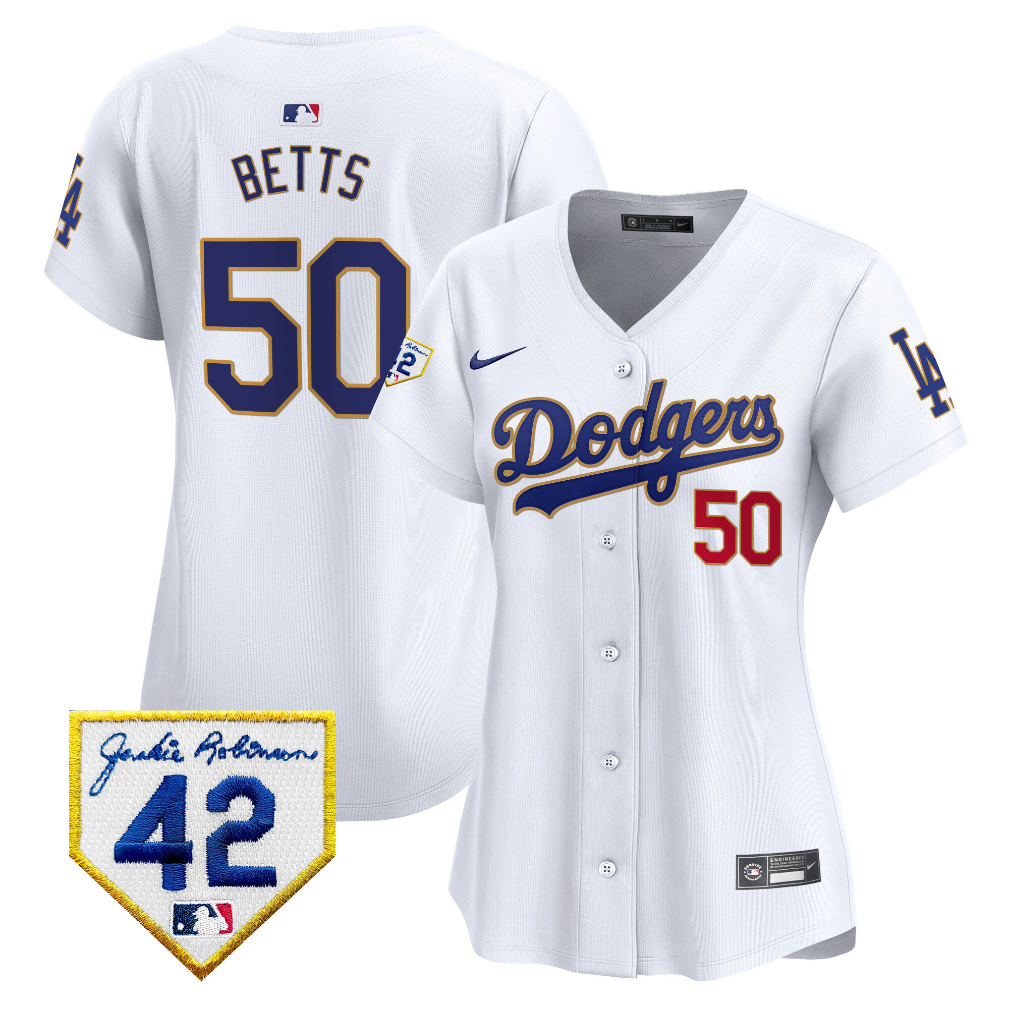 Mookie Betts Women's Los Angeles Dodgers 2024 Jackie Robinson Patch Vapor Premier Limited White Jersey - All Stitched