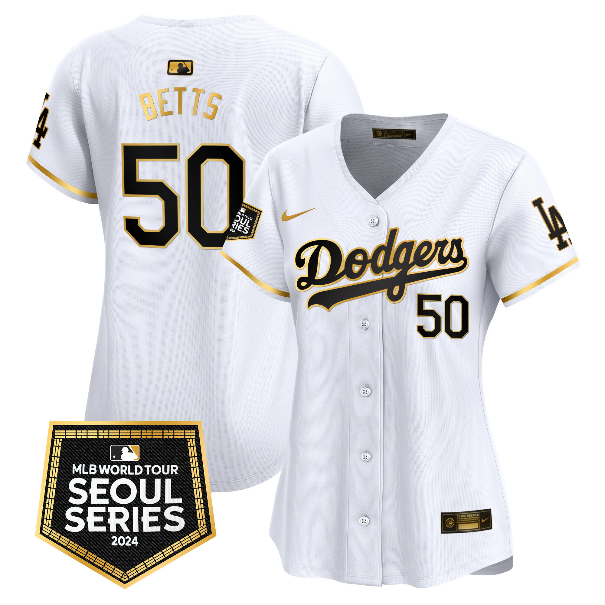 Mookie Betts Women's Los Angeles Dodgers 2024 World Tour Seoul Series Patch Vapor Premier Limited White Gold Jersey - All Stitched