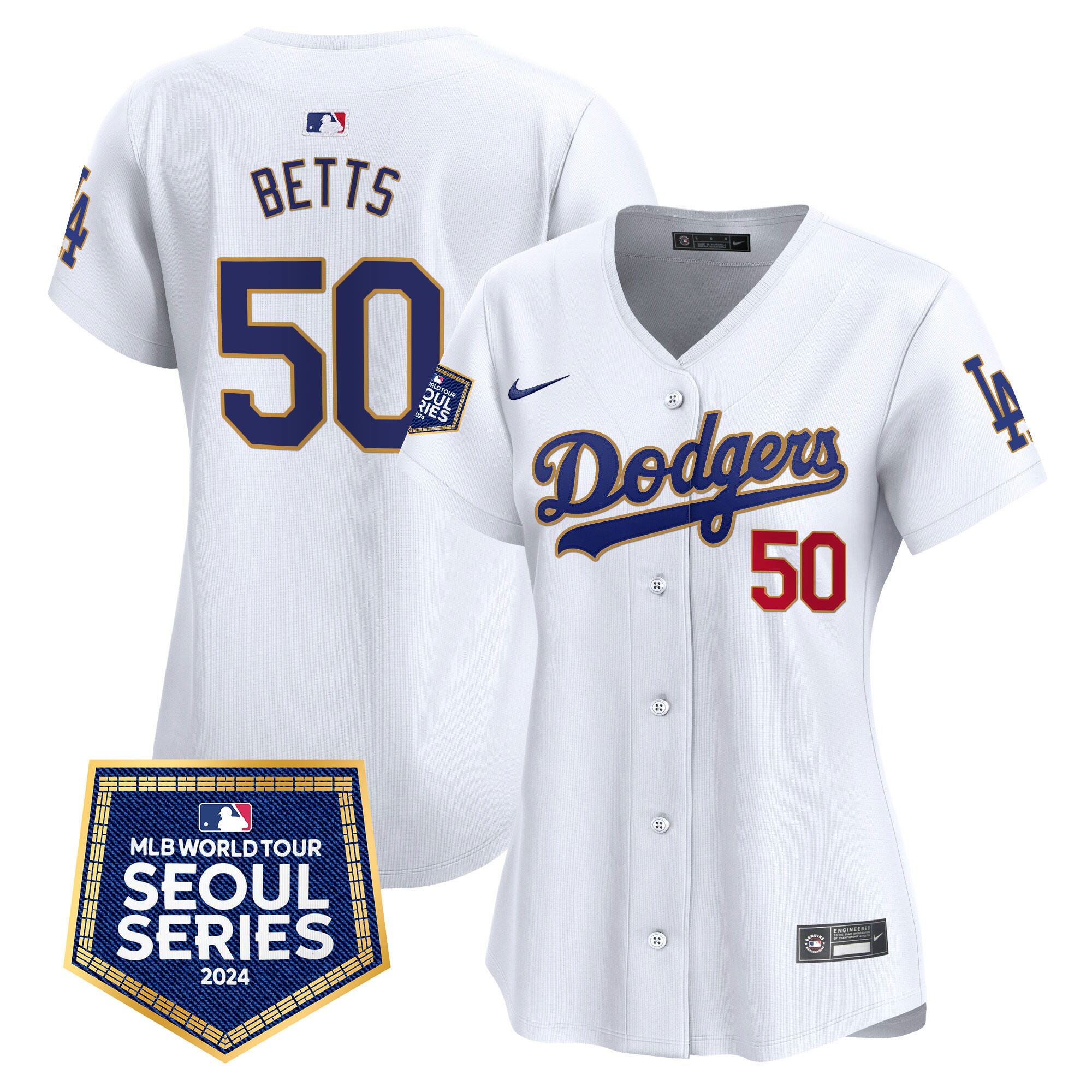 Mookie Betts Women's Los Angeles Dodgers 2024 World Tour Seoul Series Patch Vapor Premier Limited White Jersey - All Stitched