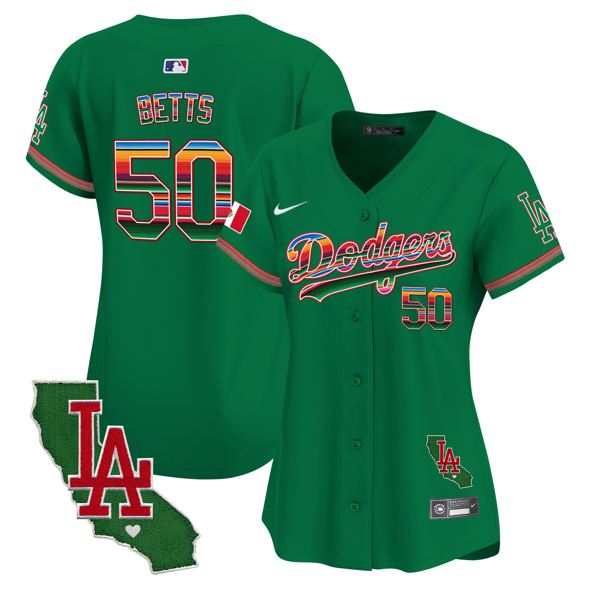 Mookie Betts Women's Los Angeles Dodgers Mexico California Patch Vapor Premier Limited V2 Green Jersey - All Stitched