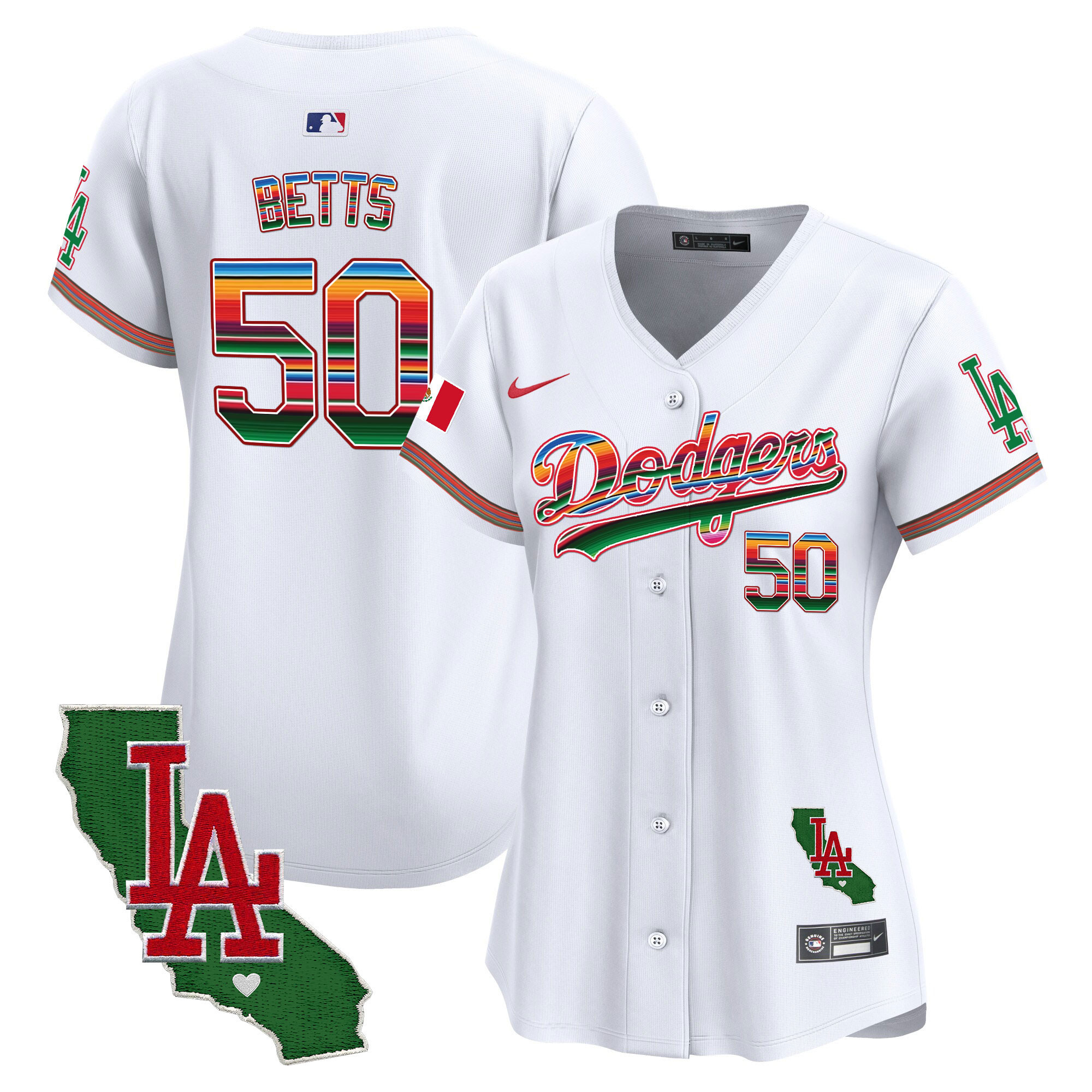 Mookie Betts Women's Los Angeles Dodgers Mexico California Patch Vapor Premier Limited V2 White Jersey - All Stitched