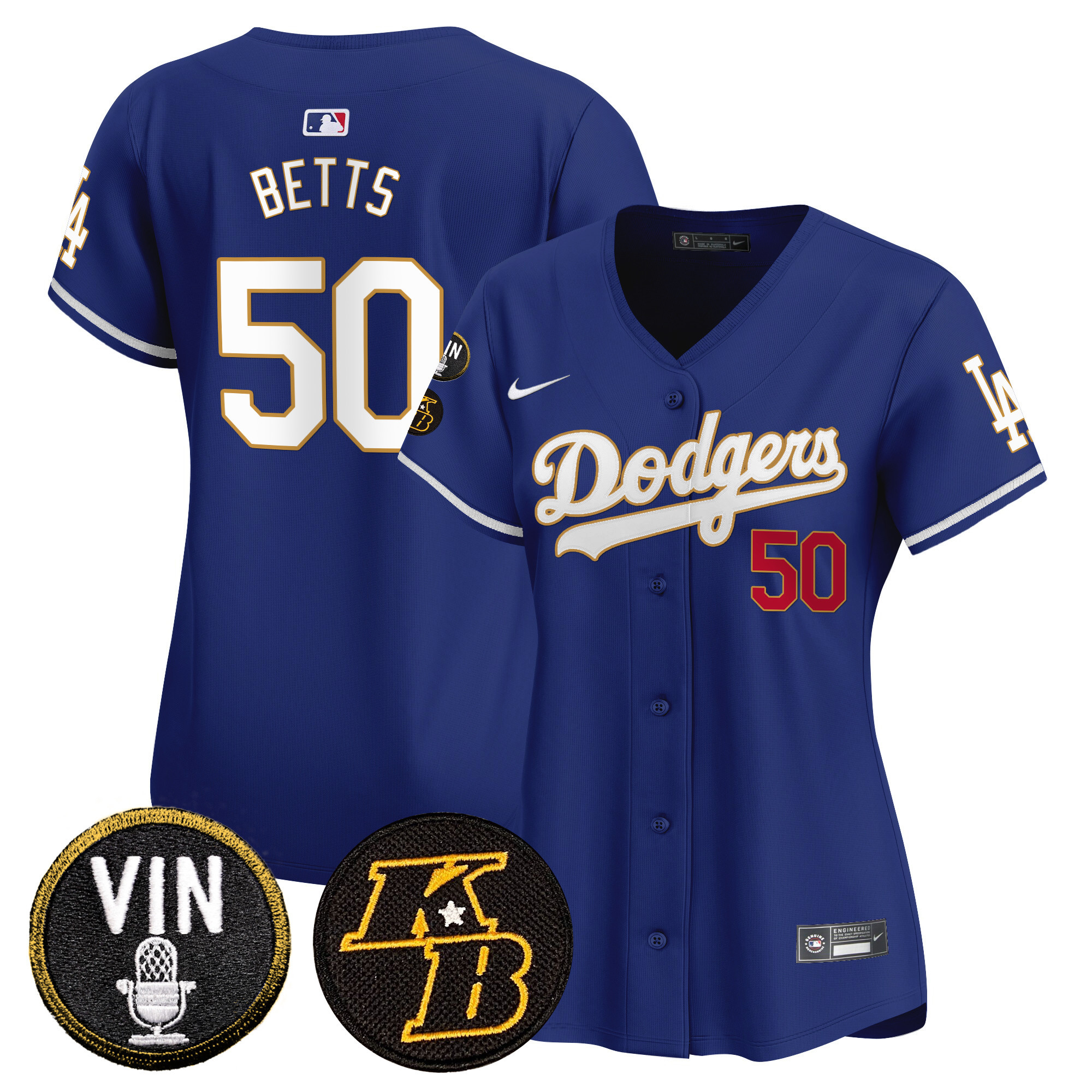 Mookie Betts Women's Los Angeles Dodgers Vin & Kobe Patch Gold Trim Vapor Premier Limited Royal Jersey - All Stitched